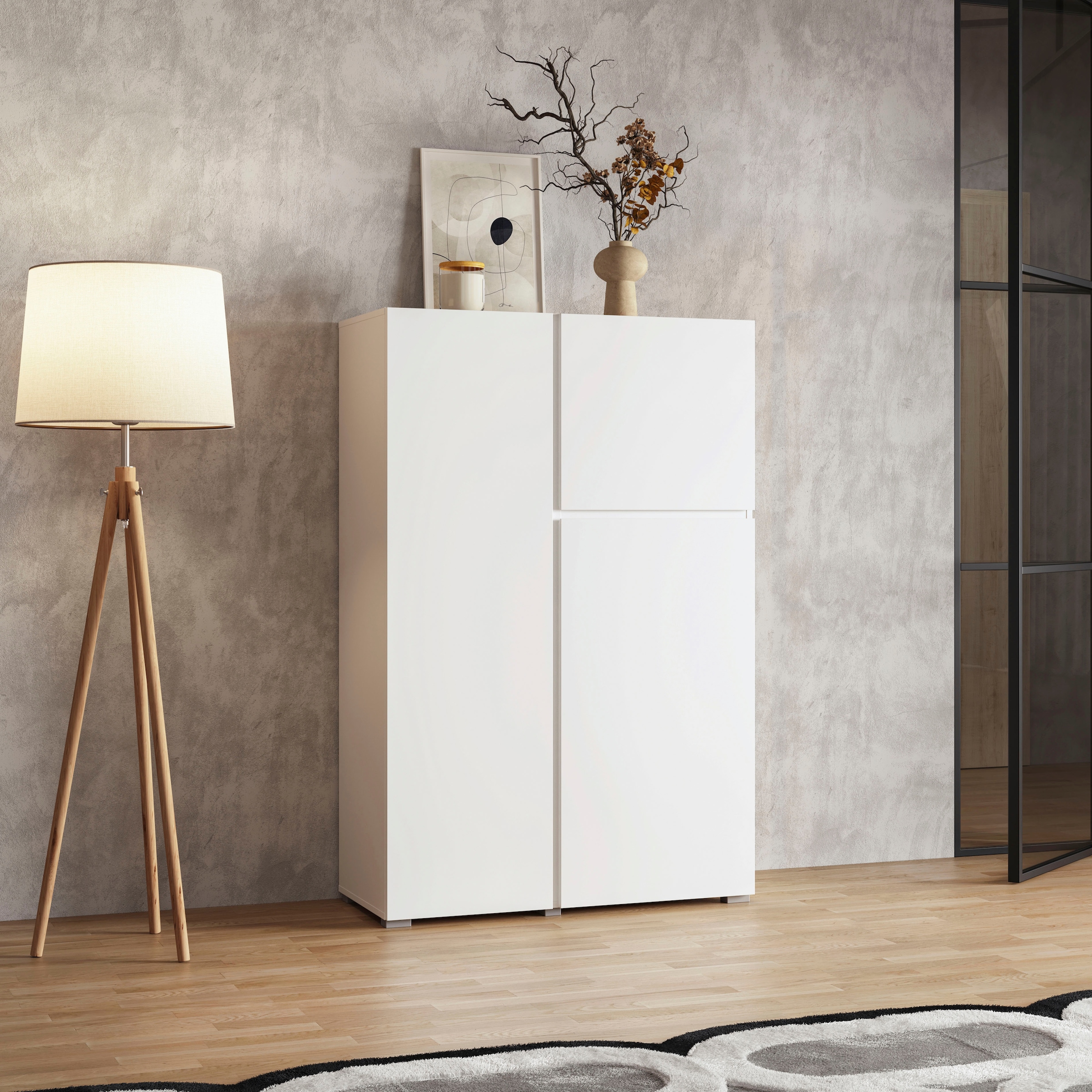 INOSIGN Highboard »Asymetric, Breite 92 cm, moderne grifflose Hochkommode mit 3 Türen«, Hochschrank mit viel Stauraum, Einlegeböden verstellbar, Türkommode