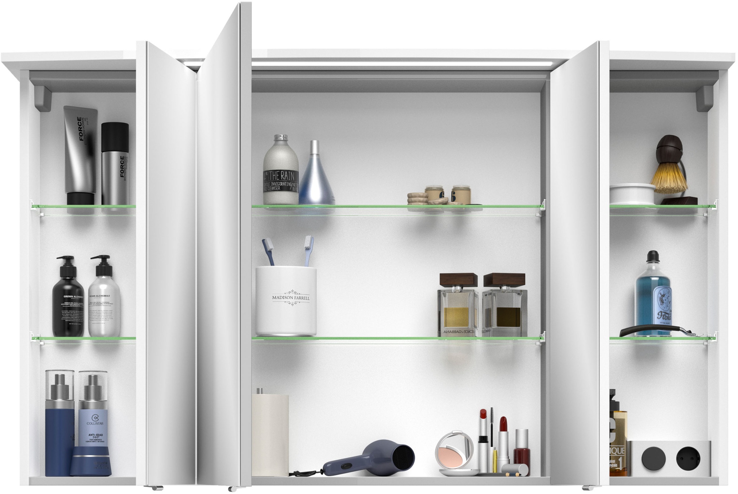 Saphir Badezimmerspiegelschrank »Serie 4010 Badezimmer-Spiegelschrank inkl. LED-Beleuchtung im Kranz«, Badschrank 142 cm breit, 3 Türen, 6 Glas-Einlegeböden, inkl Türdämpfer
