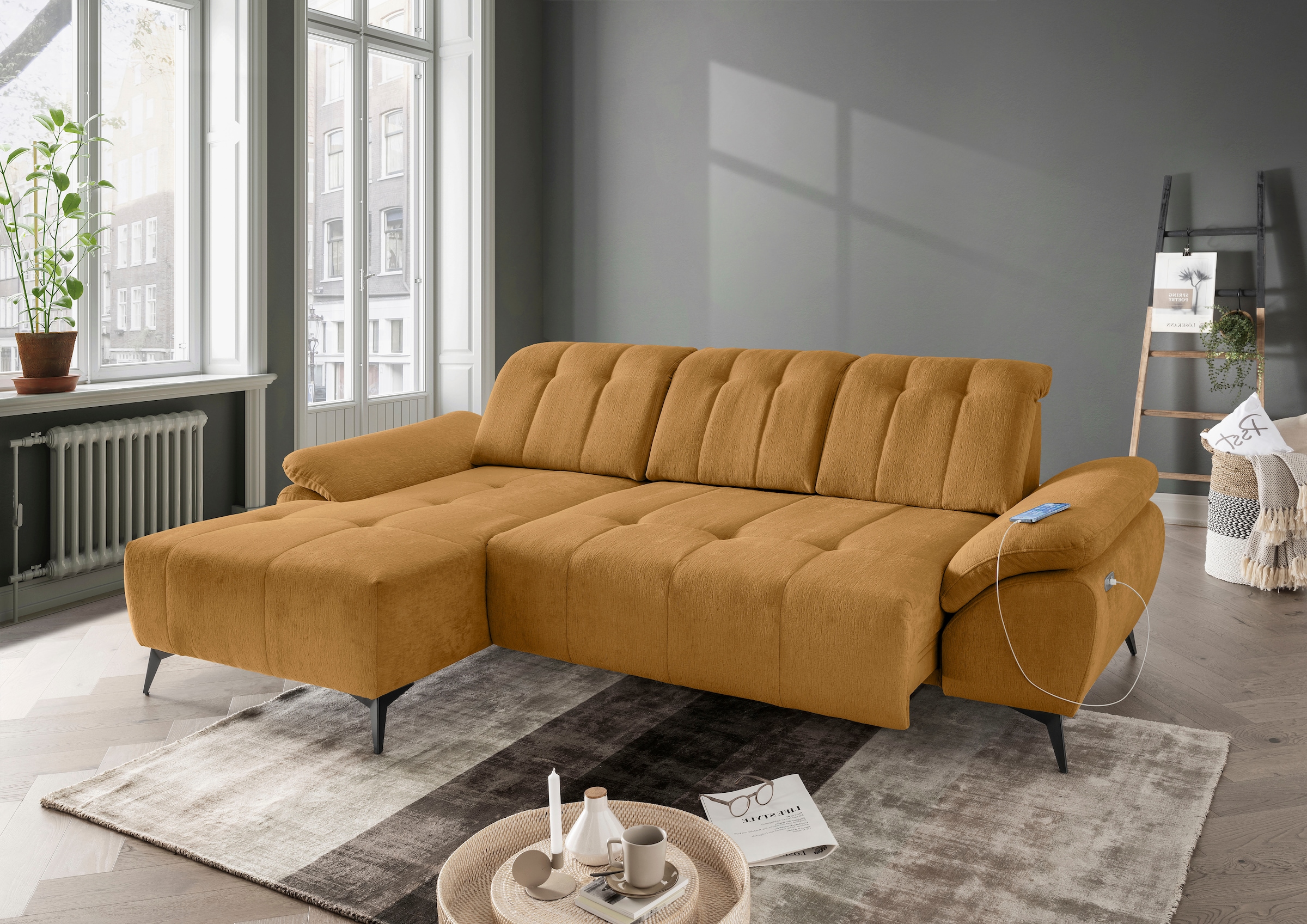 Home affaire "Fiore modern, bequeme Armlehnen, tolle Detailverarbeitung, L-Form" elektrischer Sitzvorschub und Kopfstützen höhenverstellbar