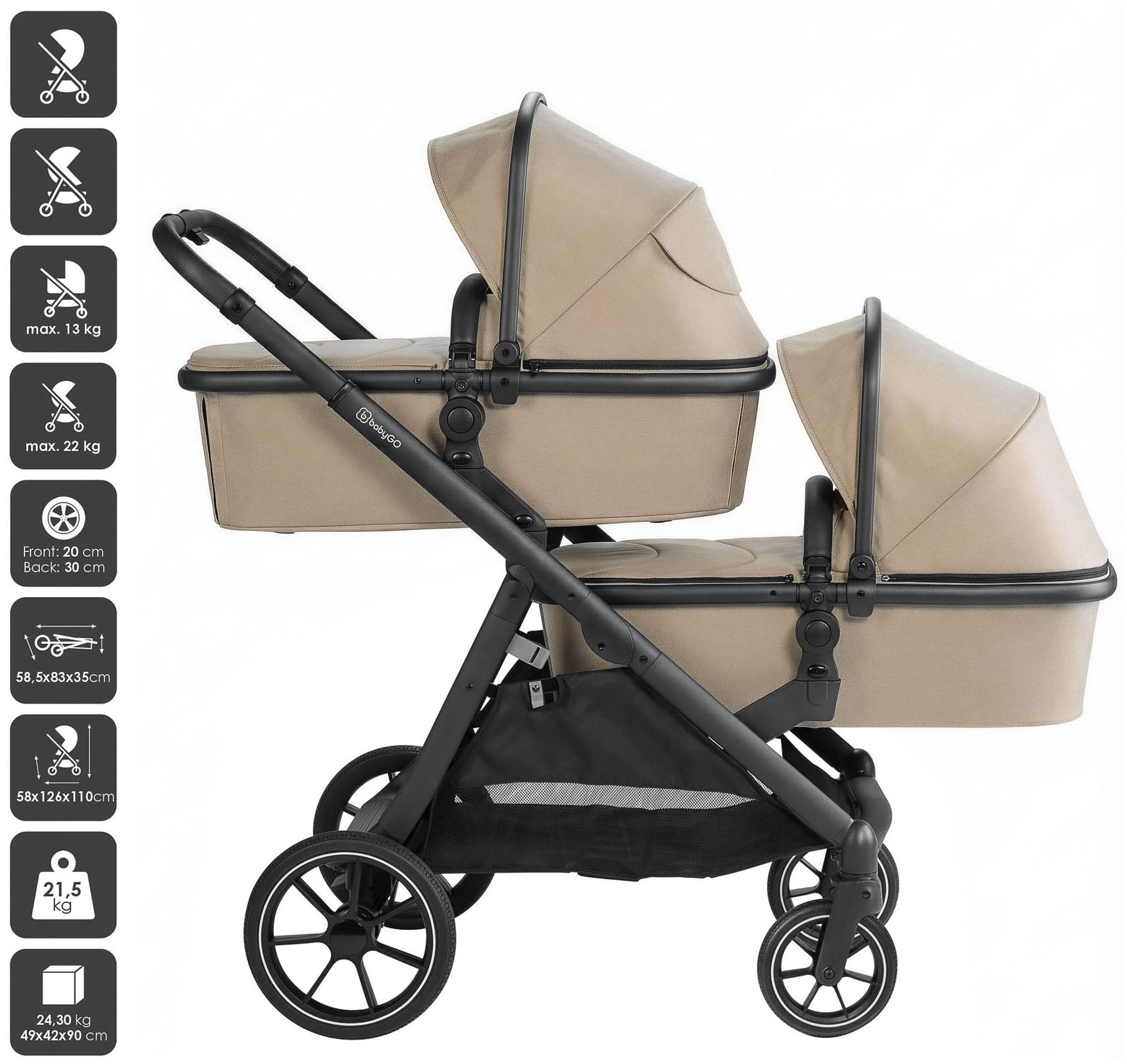 BabyGo Zwillings-Kombikinderwagen »Duo« inkl. Wickeltasche u. 2 Regenhauben