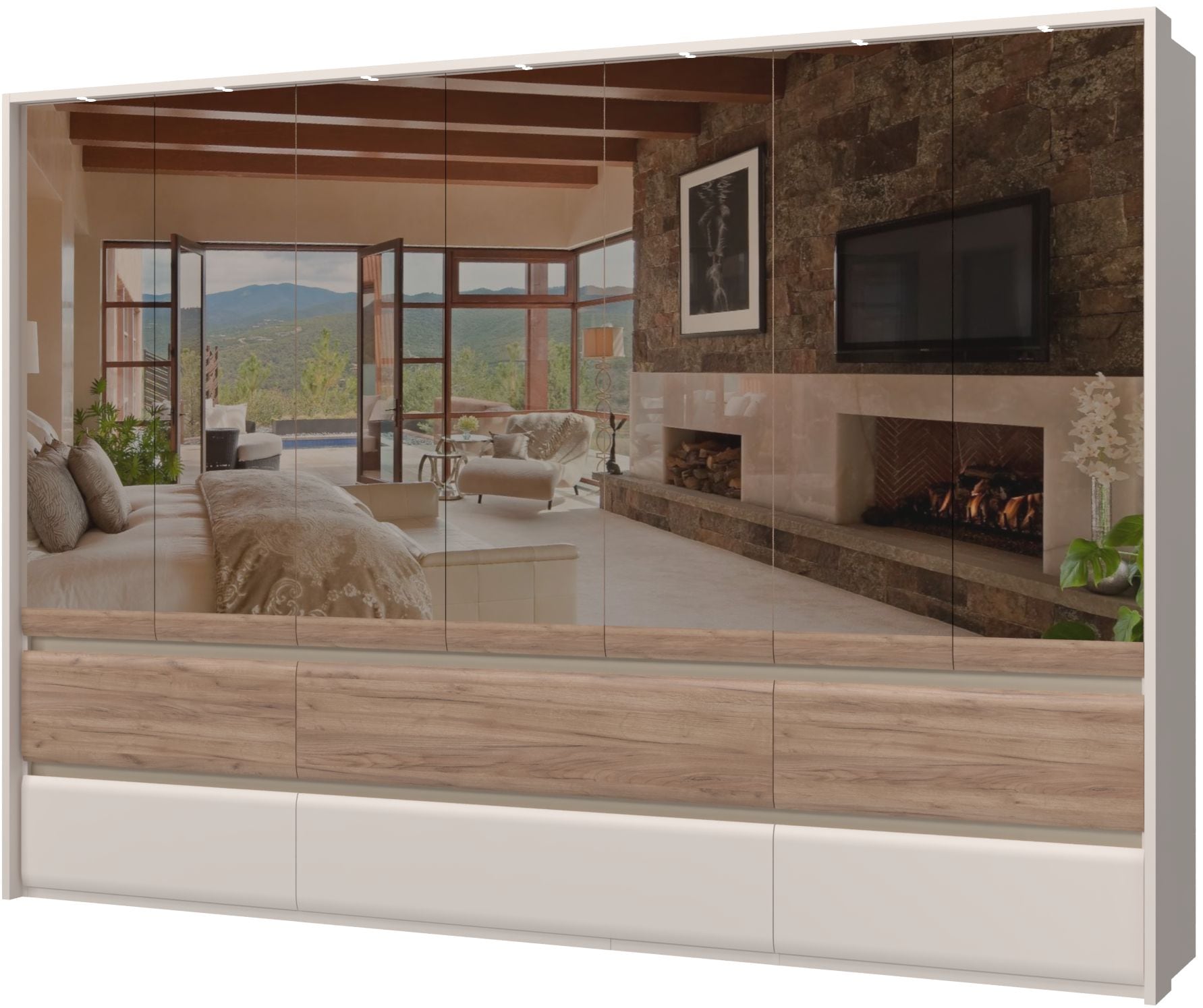 Places of Style Kleiderschrank »Invictus, UV lackiert, FSC-zertifiziert, grifflose Optik«, (abgerundete Schubladen aus MDF im Holzdekor, soft-close), mit Beleuchtung, Türen komplett verspiegelt, hoher Schrank (226cm)