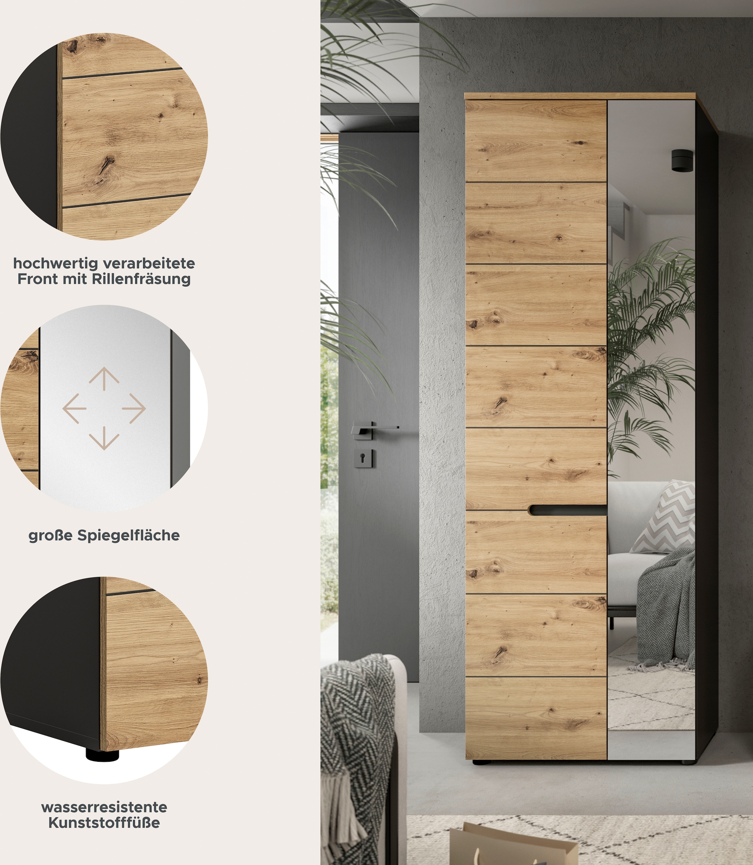 INOSIGN Garderobenschrank »Rehat, Höhe: 190cm, in Basalt grau/ Artisan Eiche, 2 Türen, 6 Fächer«, Garderobe, Flurschrank, Dielenschrank, Kleiderschrank, Garderobenmöbel