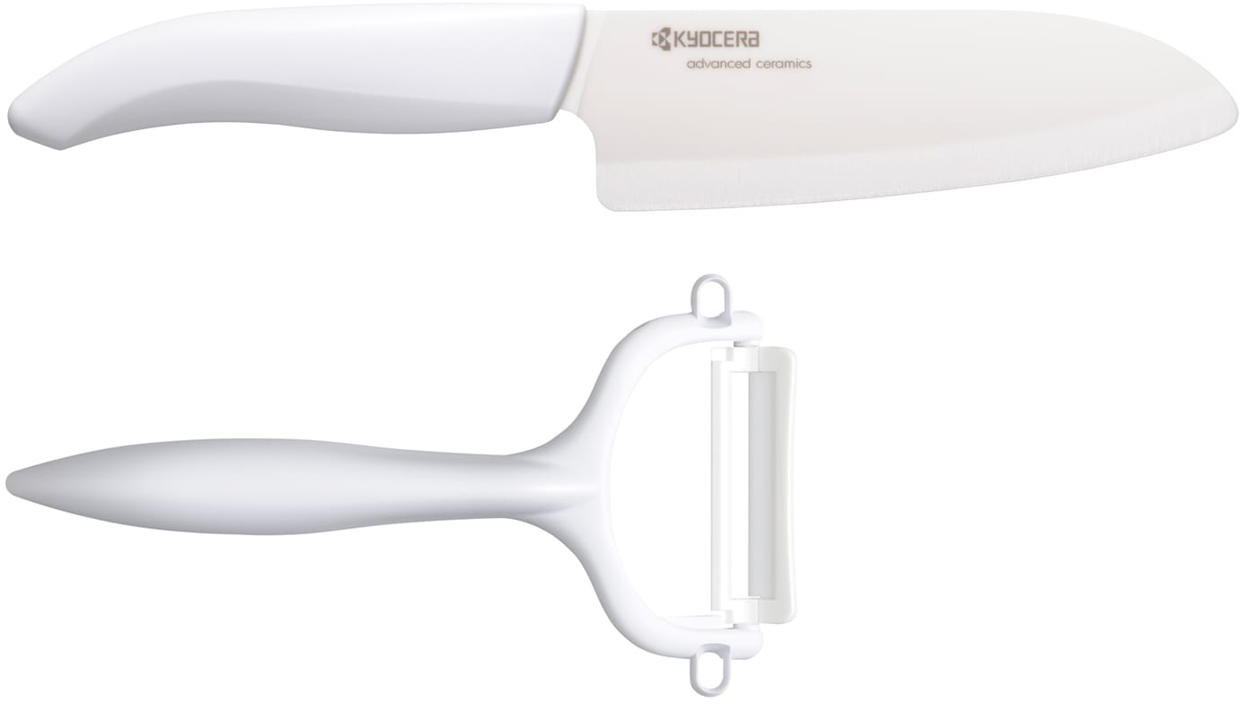 KYOCERA Messer-Set, (Set, 2 tlg., 1 x Sparschäler-1 x Santokumesser), extrem scharfe Hochleistungskeramik-Klinge