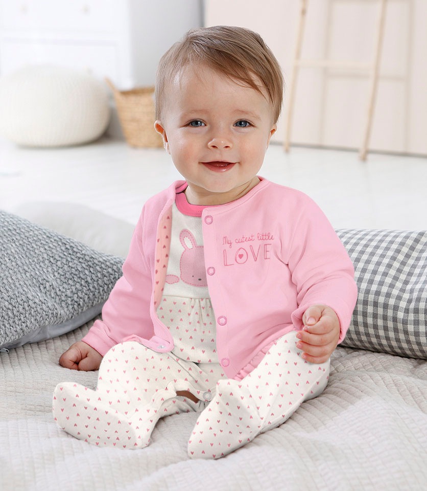 KIDSWORLD Mädchen Strampler, Jäckchen & Mütze "3tlg Baby-Set, für kleine Mädchen", rosa, Gr. 74, bedruckt, gemustert, Obermaterial: 100% Baumwolle,