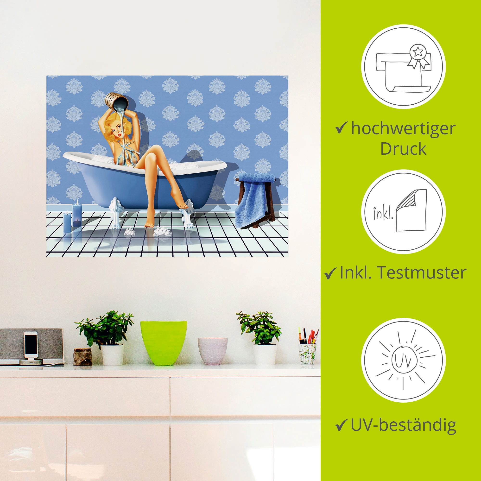 Artland Wandbild »Das sexy blaue Badezimmer«, Frau, (1 St.), als Leinwandbild, Poster, Wandaufkleber in verschied. Größen