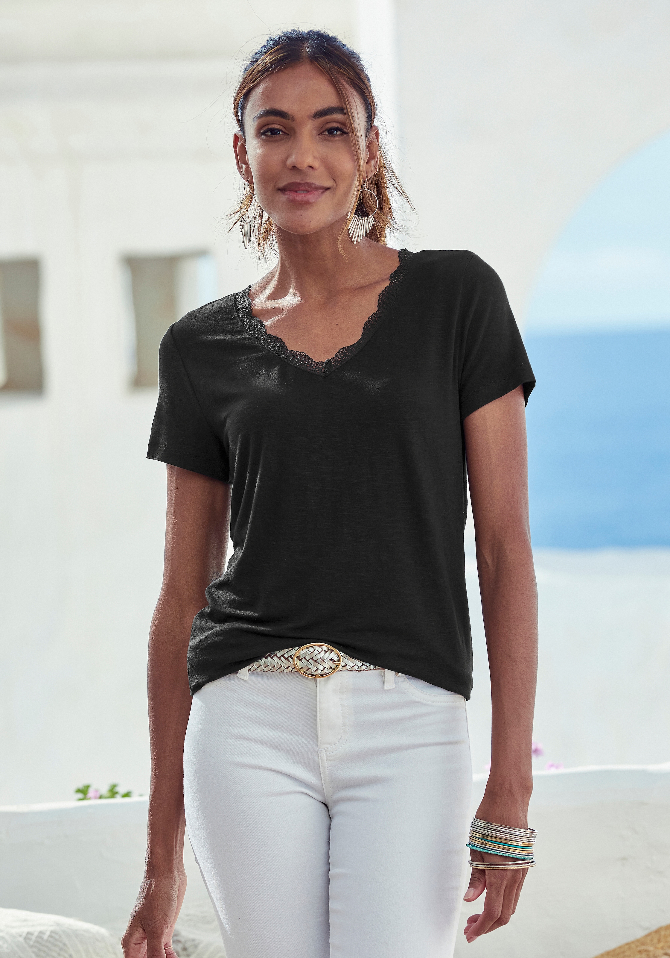 LASCANA T-Shirt, (Packung, 2 tlg.), mit zarter Spitze am Ausschnitt kaufen  | BAUR
