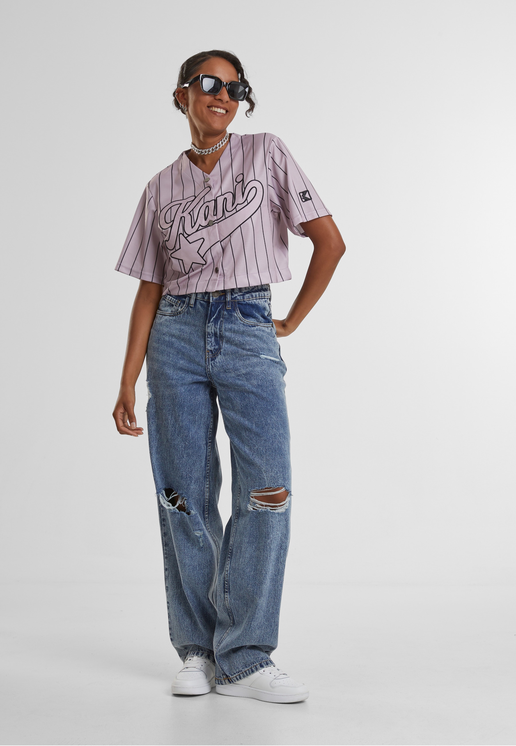 Karl Kani Kurzarmshirt »Karl Kani Karl Kani OG Star Logo Crop Pinstripe Baseball Shirt« 1