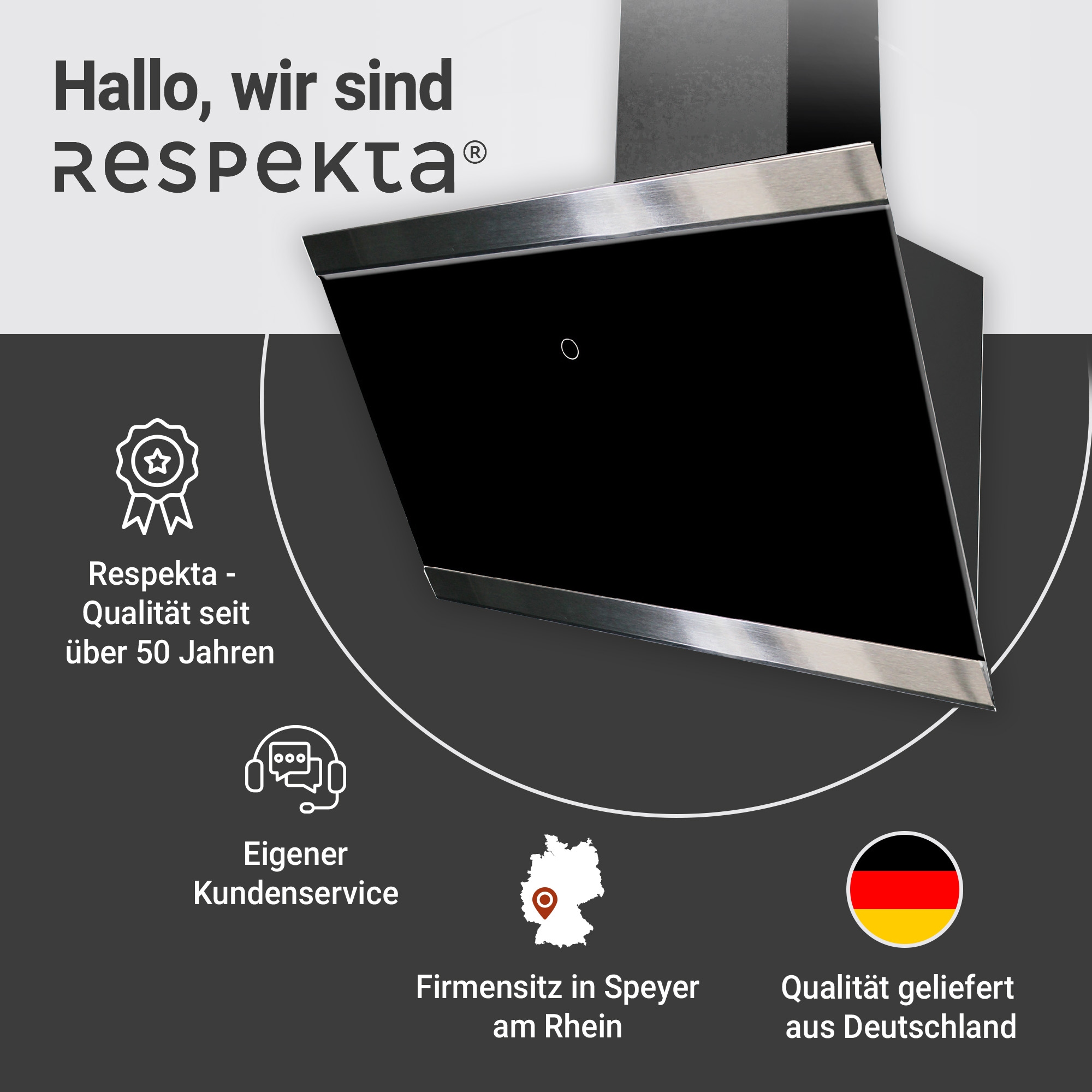 RESPEKTA Kopffreihaube, 90 cm, 9 Leistungsstufen, LED-Beleuchtung, Ab- und Umluftfähig