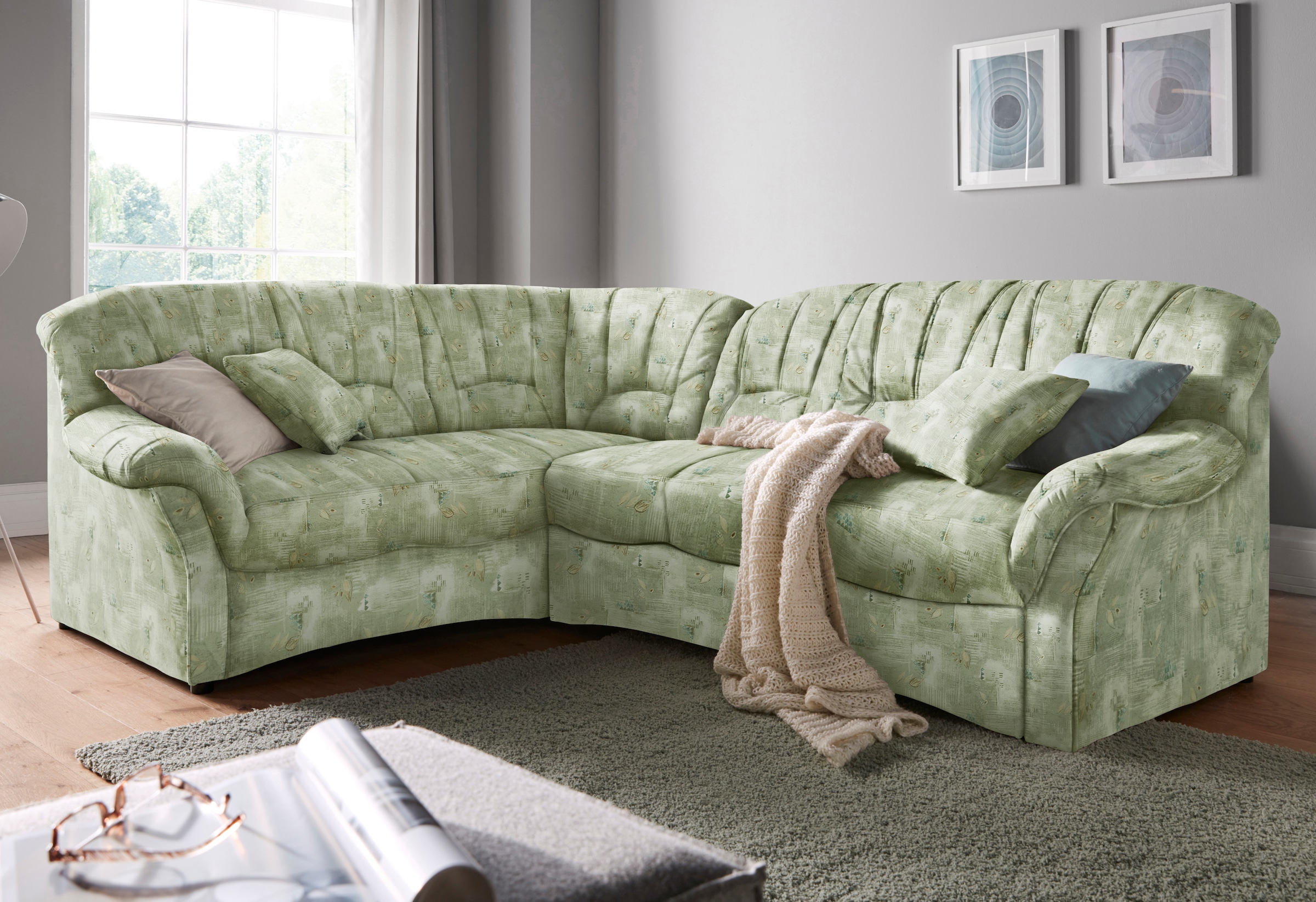 DOMO collection Ecksofa »Bahia, zeitlos und elegant, bequeme Armlehnen, L-Form«, Belastbarkeit bis 140 kg pro Sitzfläche, mit Federkern und Zierkissen