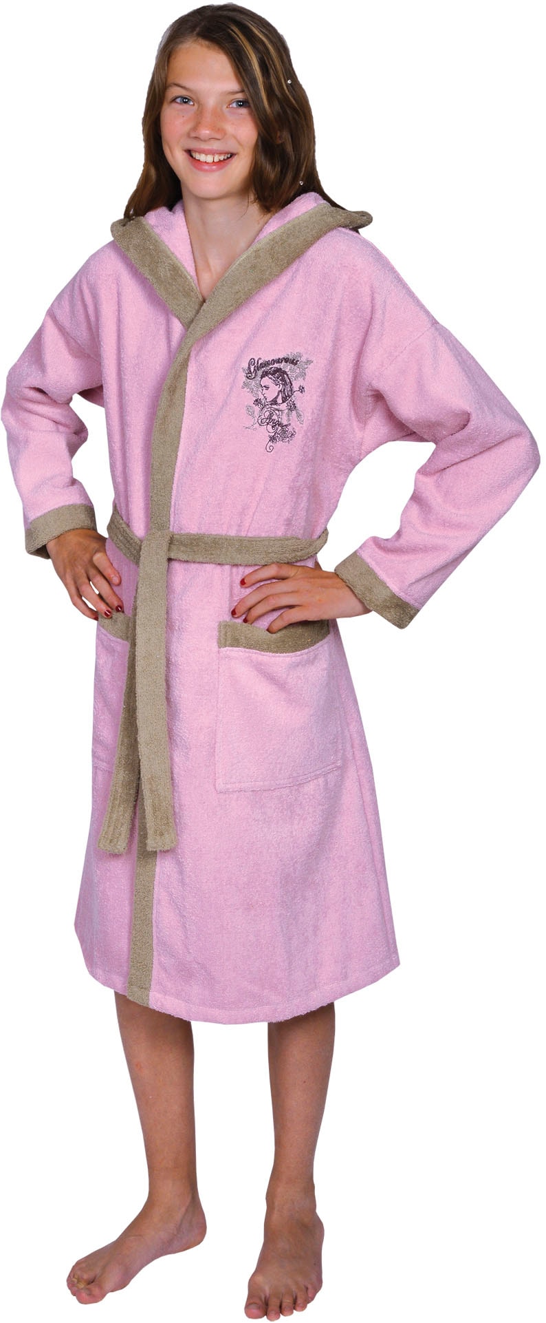 Kinderbademantel WÖRNER, L:75cm, rosa, Baumwoll-Webfrottier, Hausmäntel, "Angel", mit Stickerei, mit Tasche, maschinenwaschbar, trocknergeeignet