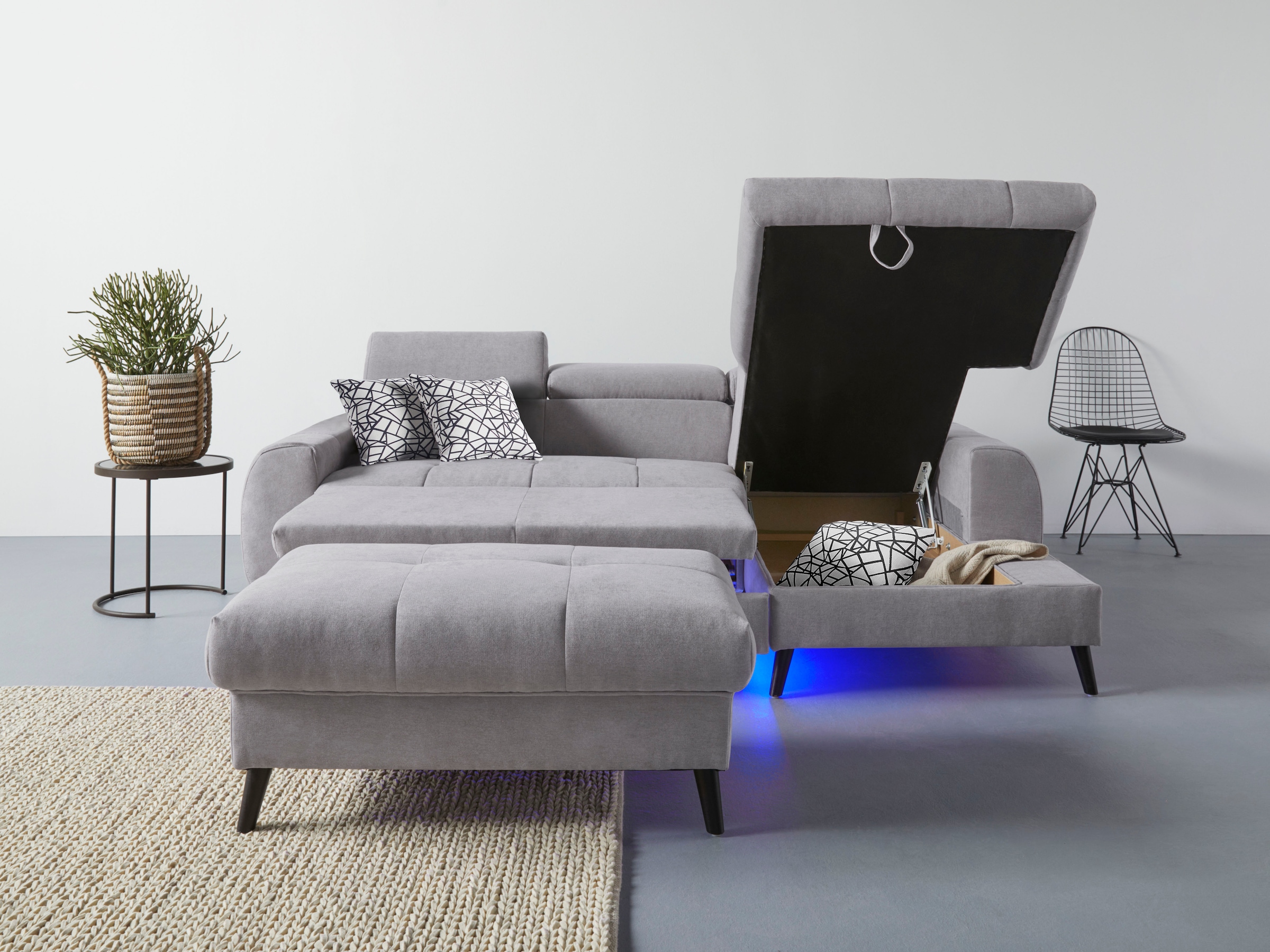 COTTA Ecksofa »Mia L-Form mit 3 Zierkissen«, wahlweise mit Bettfunktion, Bettkasten, Beleuchtung & Wireless-Charger