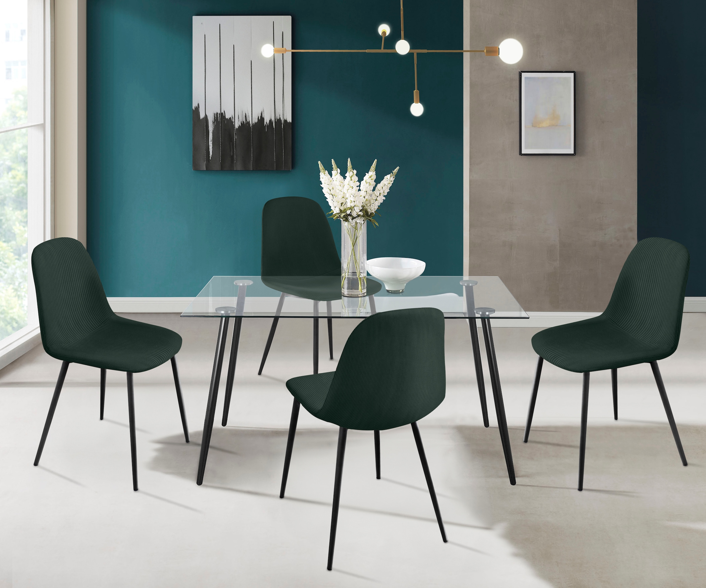OTTO home "Danny-Miller" Set, Set 140 cm, 5 Stk. tlg. Glastisch 140x80 cm mit 4 Stühlen (Cord), Gestell aus Metall