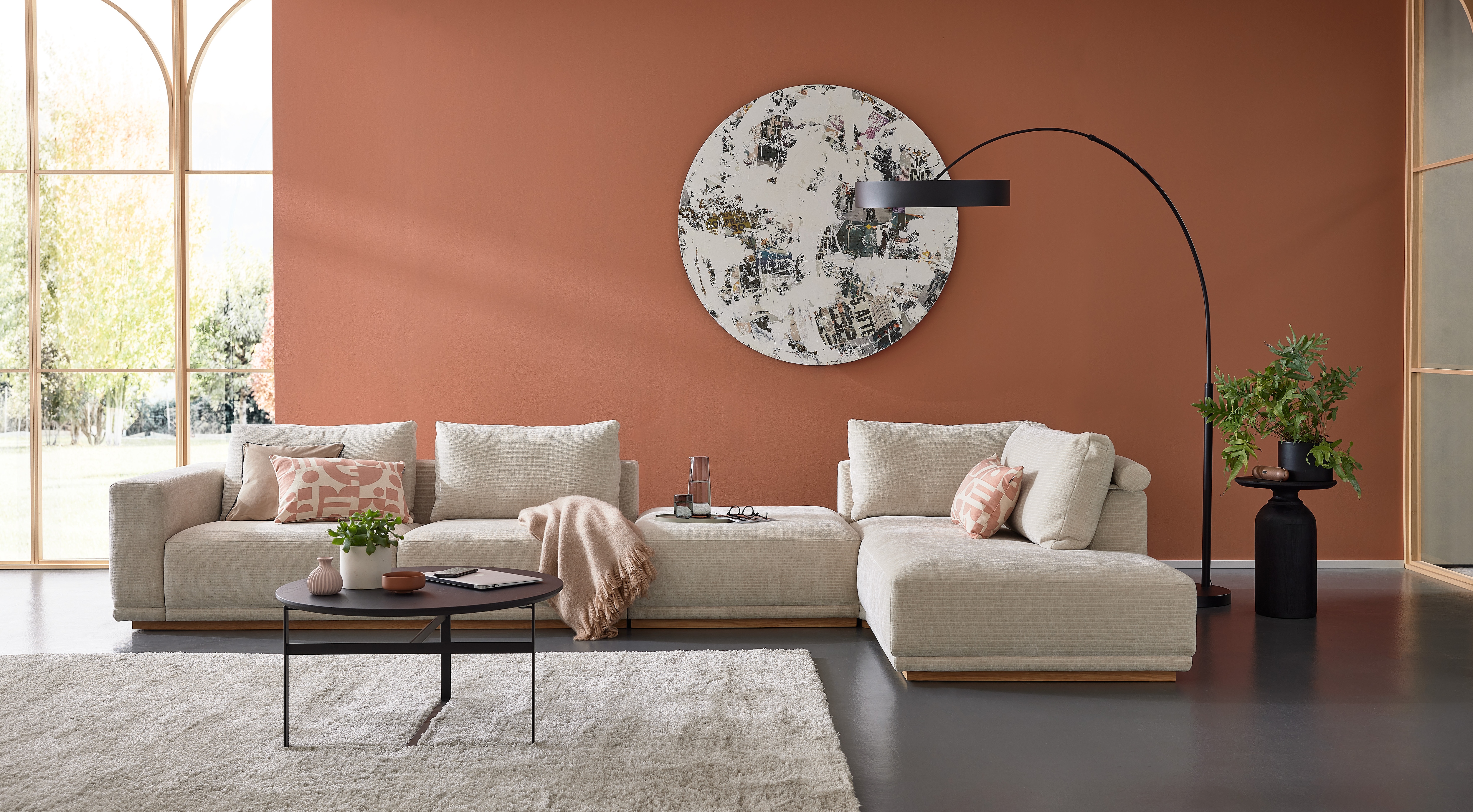 Musterring Wohnlandschaft "JustB PM200 bequem, wahlw. Sitzvorzug, Breite 395cm, Holzsockel" Anreihsofa Armlehne links, Eckteil rechts und Hocker. Ohne Sitzvorzug