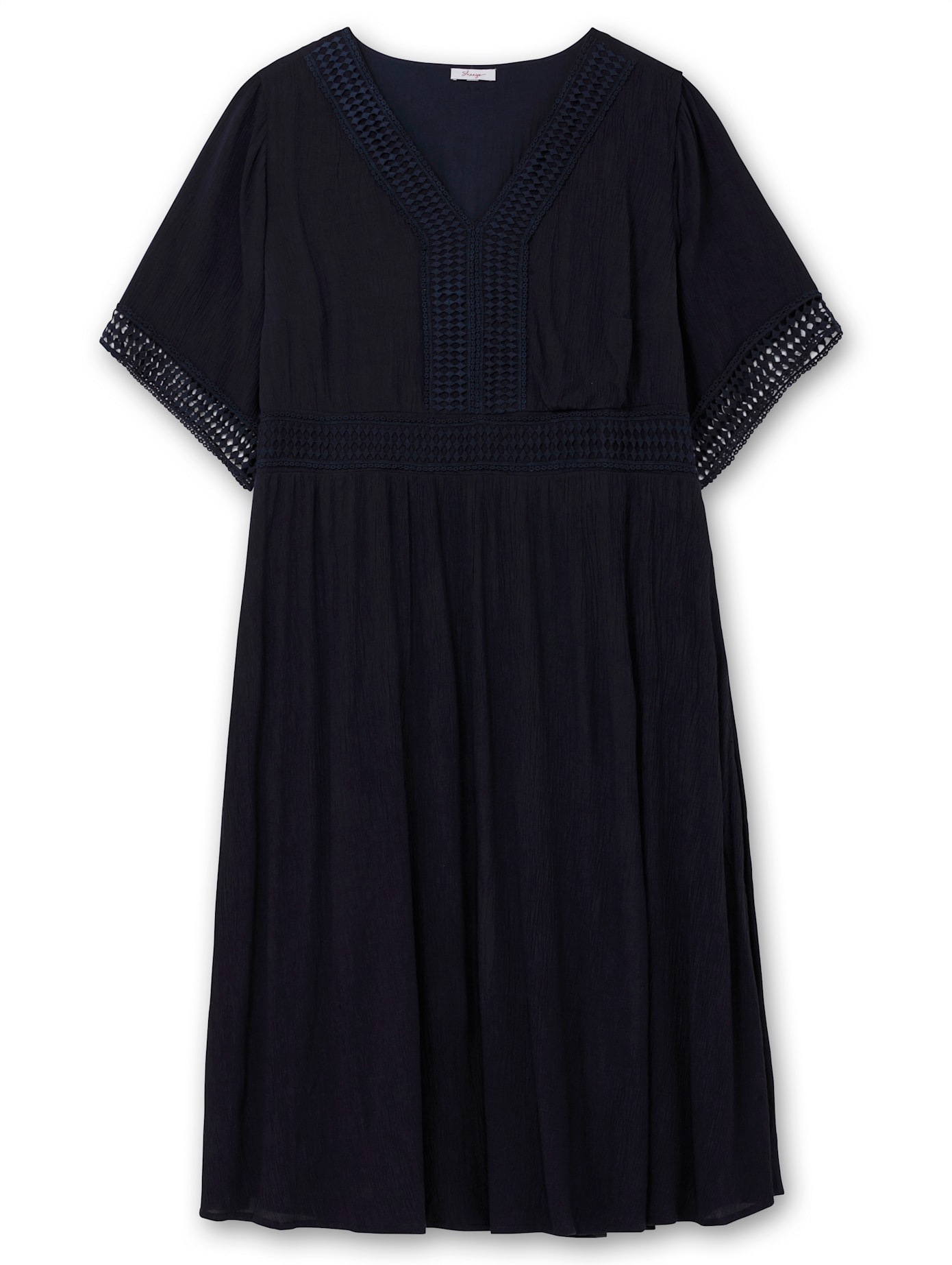Maxikleid SHEEGO "Maxikleid", Damen, Gr. 46, Normalgrößen, blau (tiefblau), Web, 100% Viskose, unifarben, lang, V-Ausschnitt, Kleider Maxikleid 3