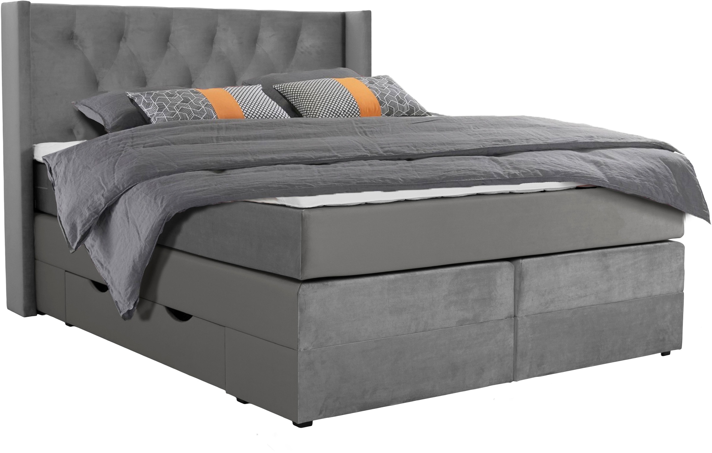 Boxspringbett HOME AFFAIRE "Elegance", grau, B:161cm L:210cm, Samtoptik (100% Polyester);Struktur (100% Polyester), Komplettbetten, Boxspringbett, mit schöner Knopfheftung, in den Härtegraden H2 & H3, inkl. Schubladen 6