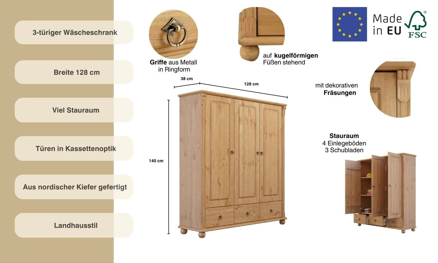 Thumbnail - Home affaire Wäscheschrank "Tessin", (2 Breiten: 90/128 cm H/T ca. 140/38 cm), aus massiver Kiefer, in 2 Breiten, viel S...