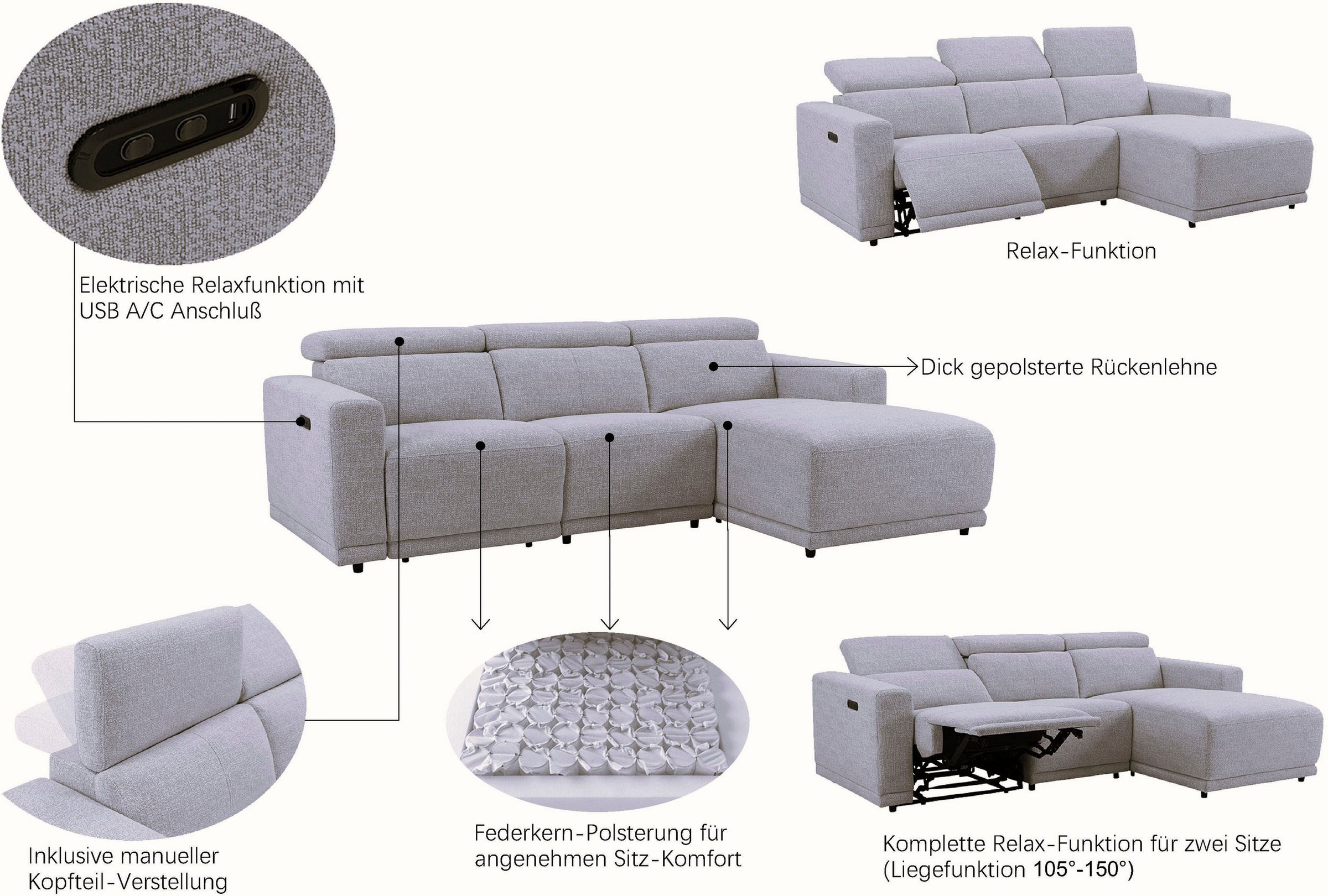 Thumbnail - OTTO home Ecksofa "LEOO" mit USB A/C-Anschluss. Federkern, verstellbaren Kopfstützen, Webstoff