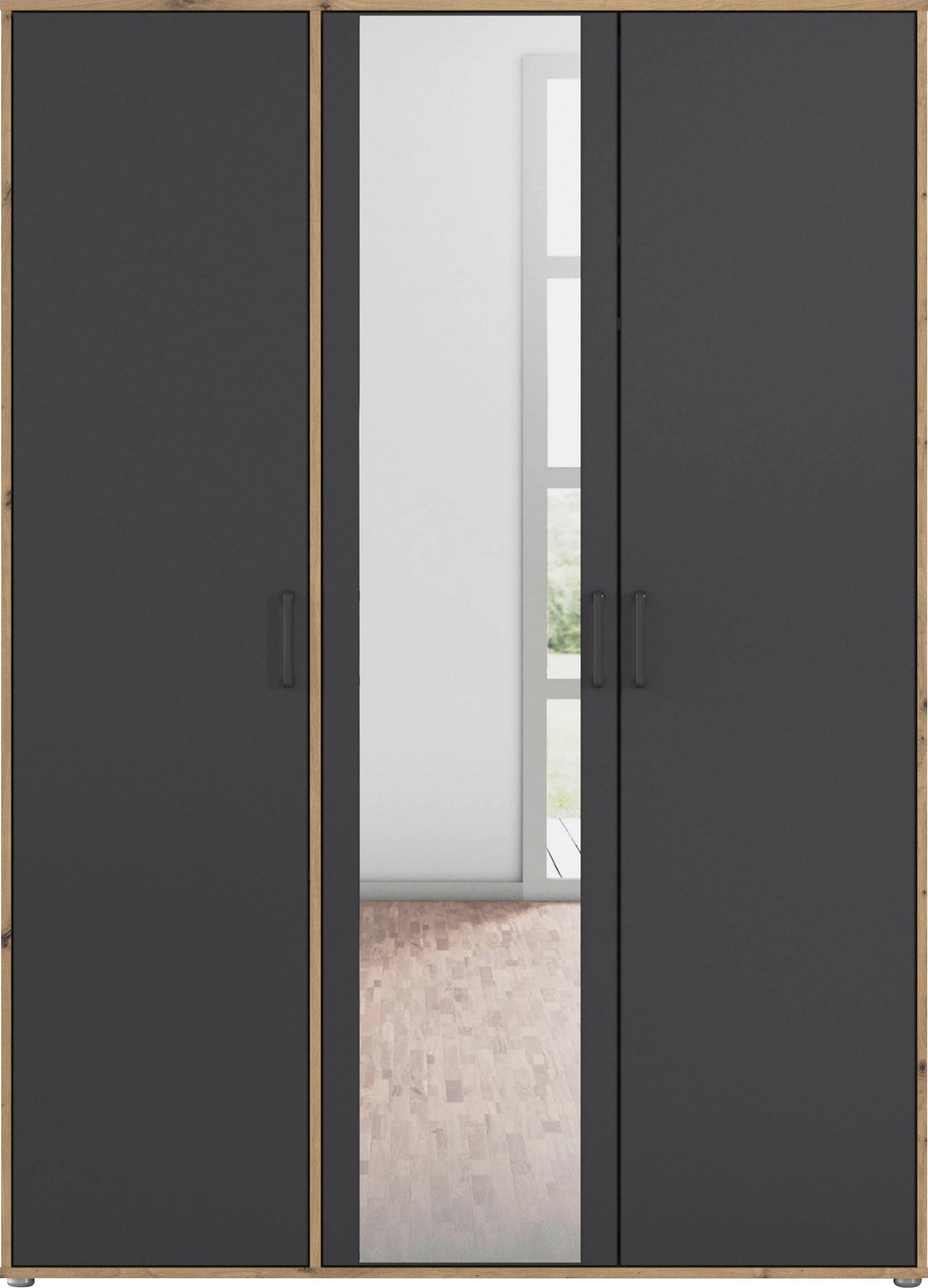 rauch Drehtürenschrank »Kleiderschrank Schrank Garderobe Wäscheschrank VOYAGER«, (in 3 verschiedenen Ausstattungen BASIC/CLASSIC/PREMIUM), mit modernen Griffen in Graumetallic und Spiegel