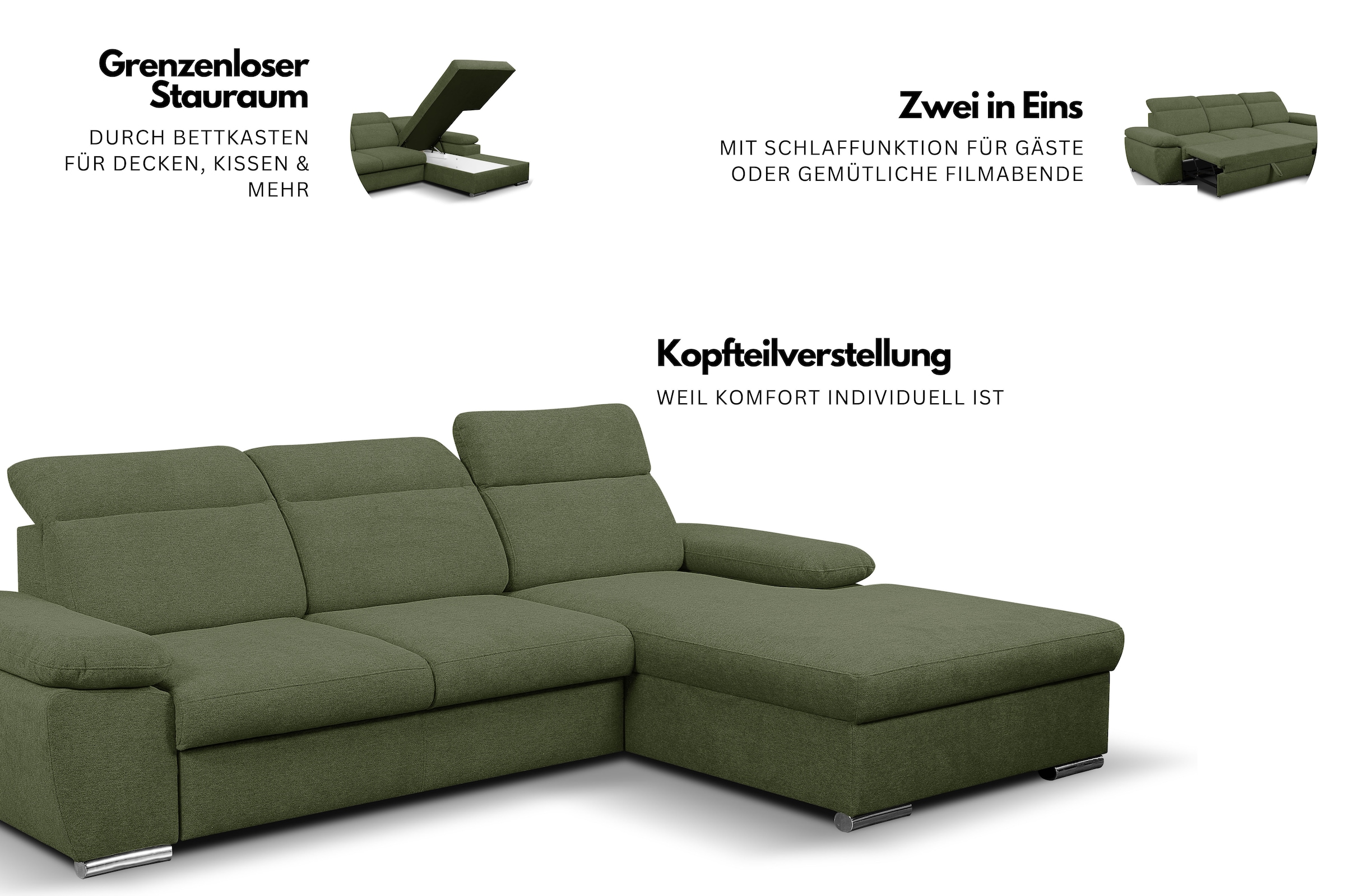 WERK2 Ecksofa »Palma mit Bett & Bettkasten, Kopfteilverstellung, bequem, zeitlos« Strukturstoff, L-Form, XXL, Schlaffunktion, Bettkasten