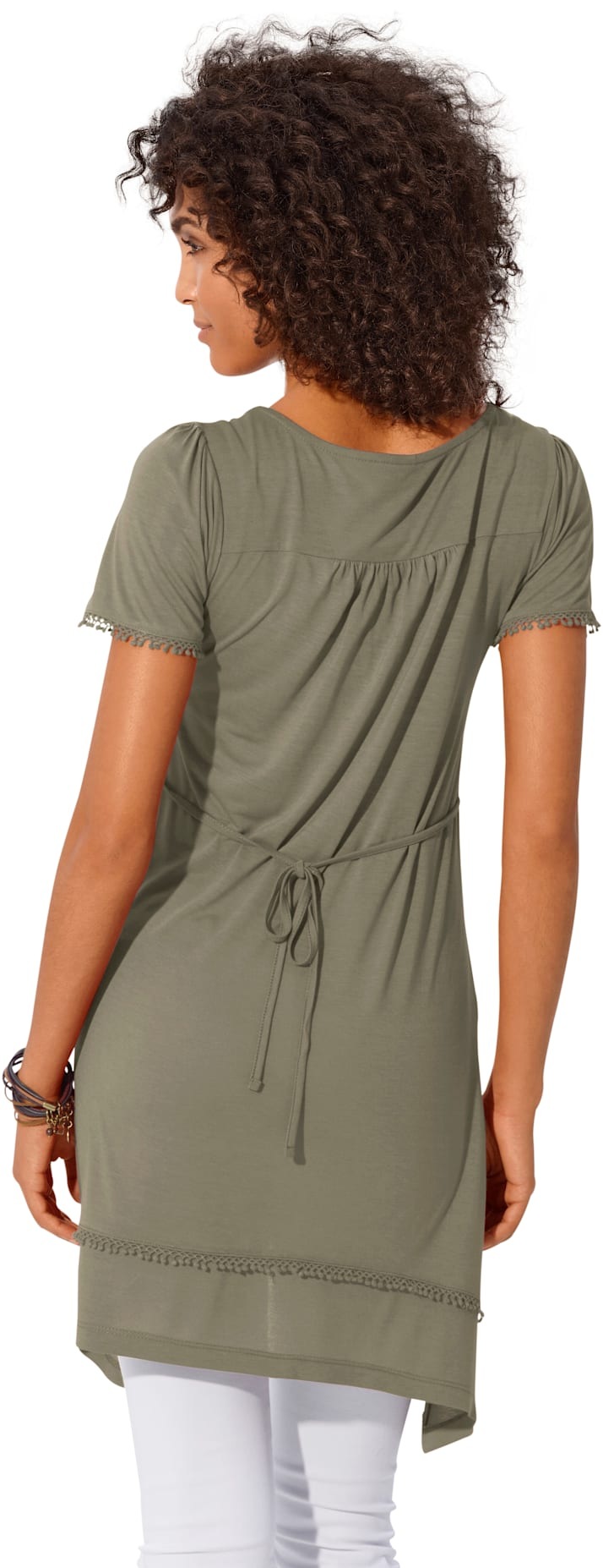 Longshirt HEINE "Longshirt", Damen, Gr. 40, grün (oliv), 100% Viskose, Spitze:100% Baumwolle, unifarben, Rundhals, Shirts Longshirt 3