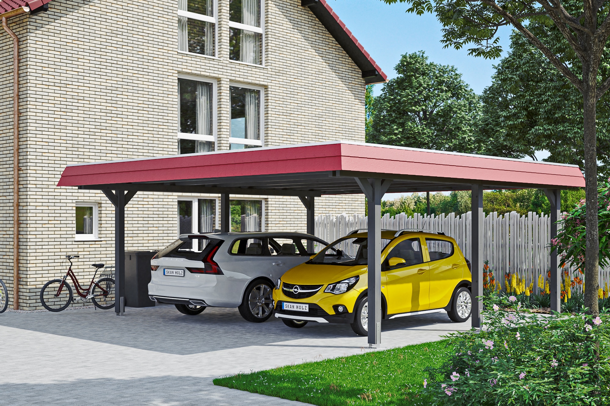 Skanholz Doppelcarport »Wendland«, Leimholz-Fichte, 550 cm, Schiefergrau, mit EPDM-Dach, rote Blende