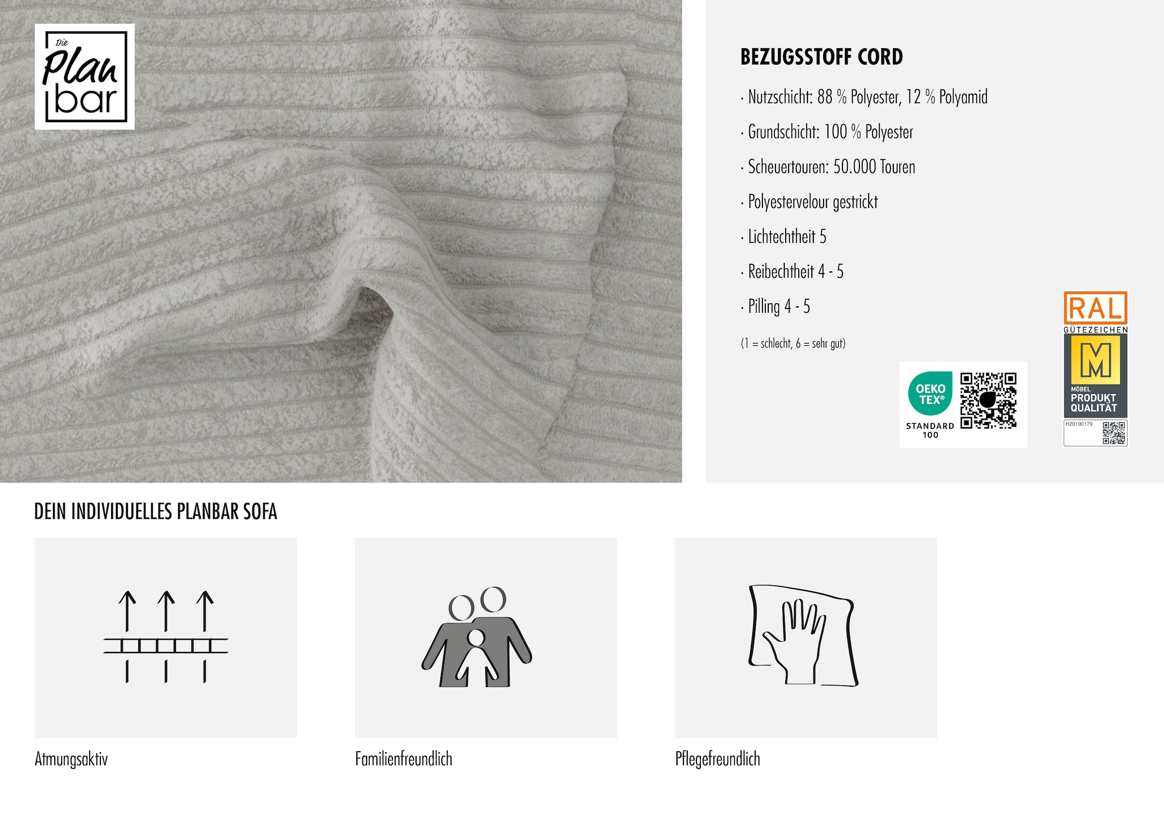 Die PlanBar Ecksofa »PP-LA19101« wahlweise mit Bettfunktion und verstellbaren Kopfstützen, in Cord