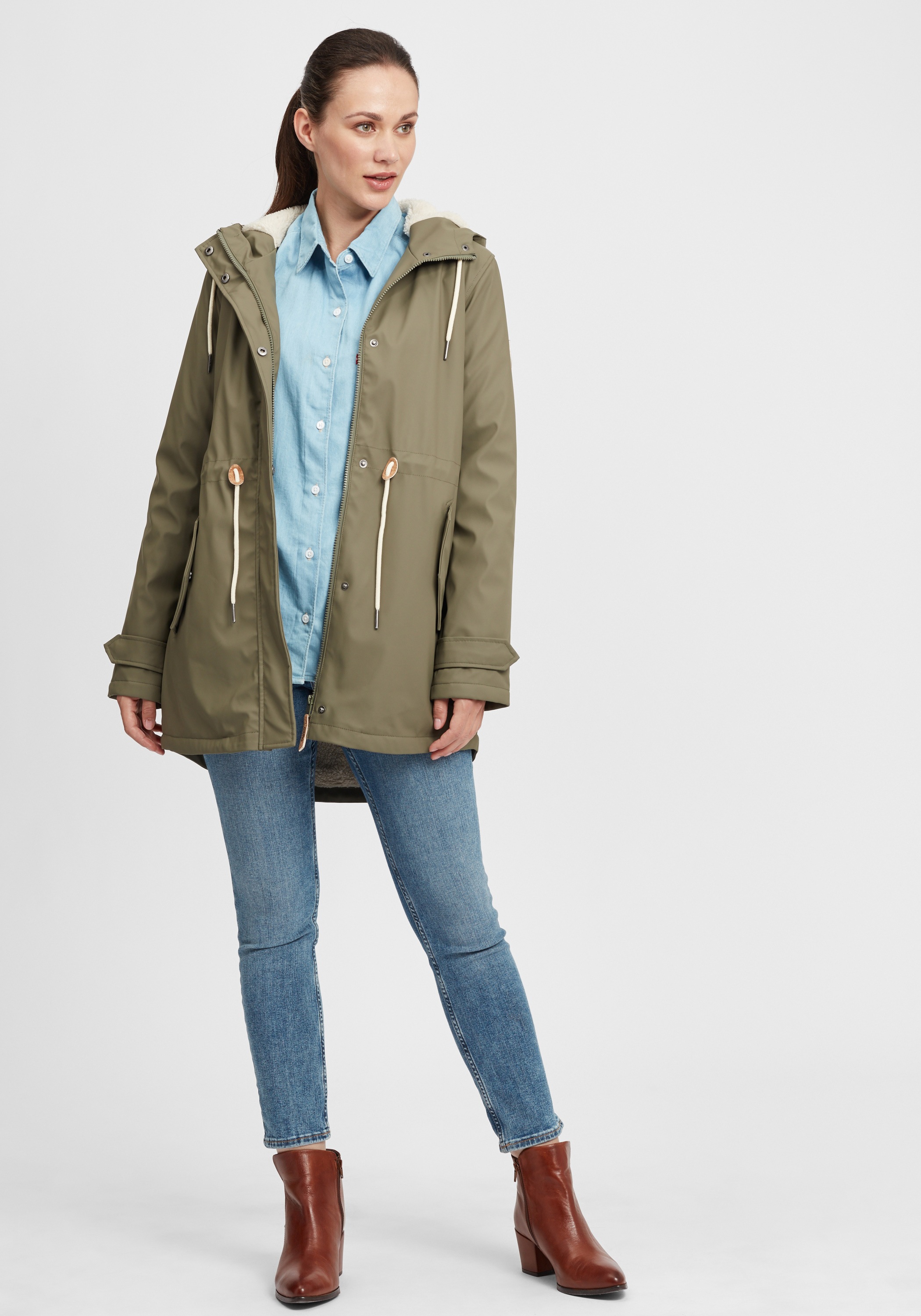 Regenmantel OXMO "Regenjacke OXJolinas", Damen, Gr. S, grün (dusty olive), Obermaterial: 100% Polyurethan PU., Mäntel 2