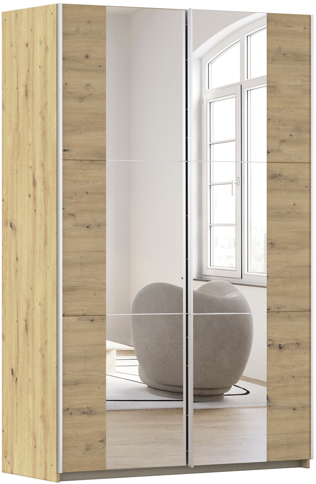 rauch Schwebetürenschrank "Kleiderschrank Drehtürenschrank Schrank Garderobe KRONACH" in 3 Ausstattungen BASIC/CLASSIC/PREMIUM, Breiten 131/175/218/261 cm, optional ohne, mit 1 oder 2 Spiegel, viel Stauraum MADE IN GERMANY