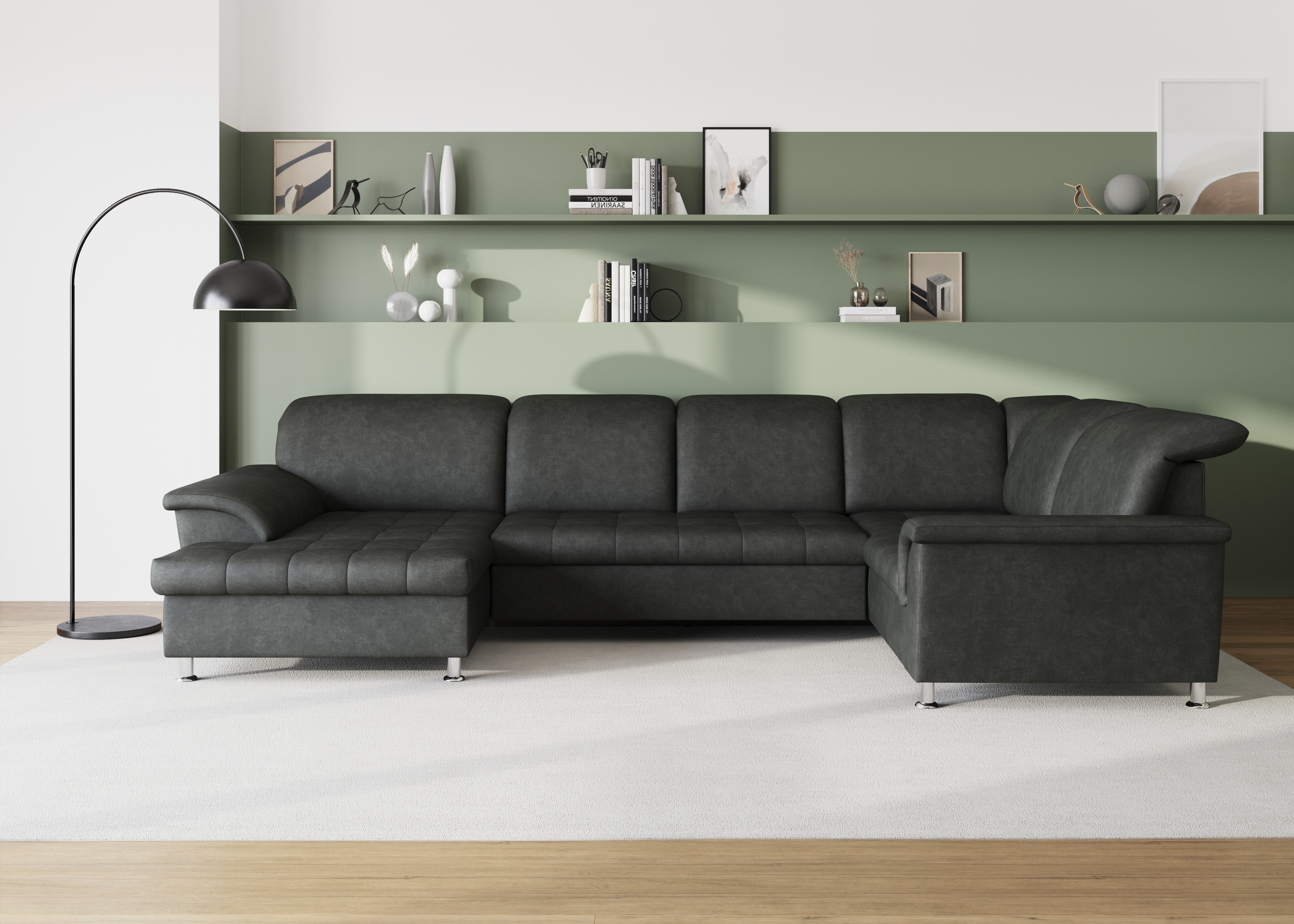 DOMO collection Wohnlandschaft "FRANZI optional mit Bettfunktion, Bettkasten & Kopfteilverstellung" U-Form, Recamiere links, grau, B/T: 352/214 cm