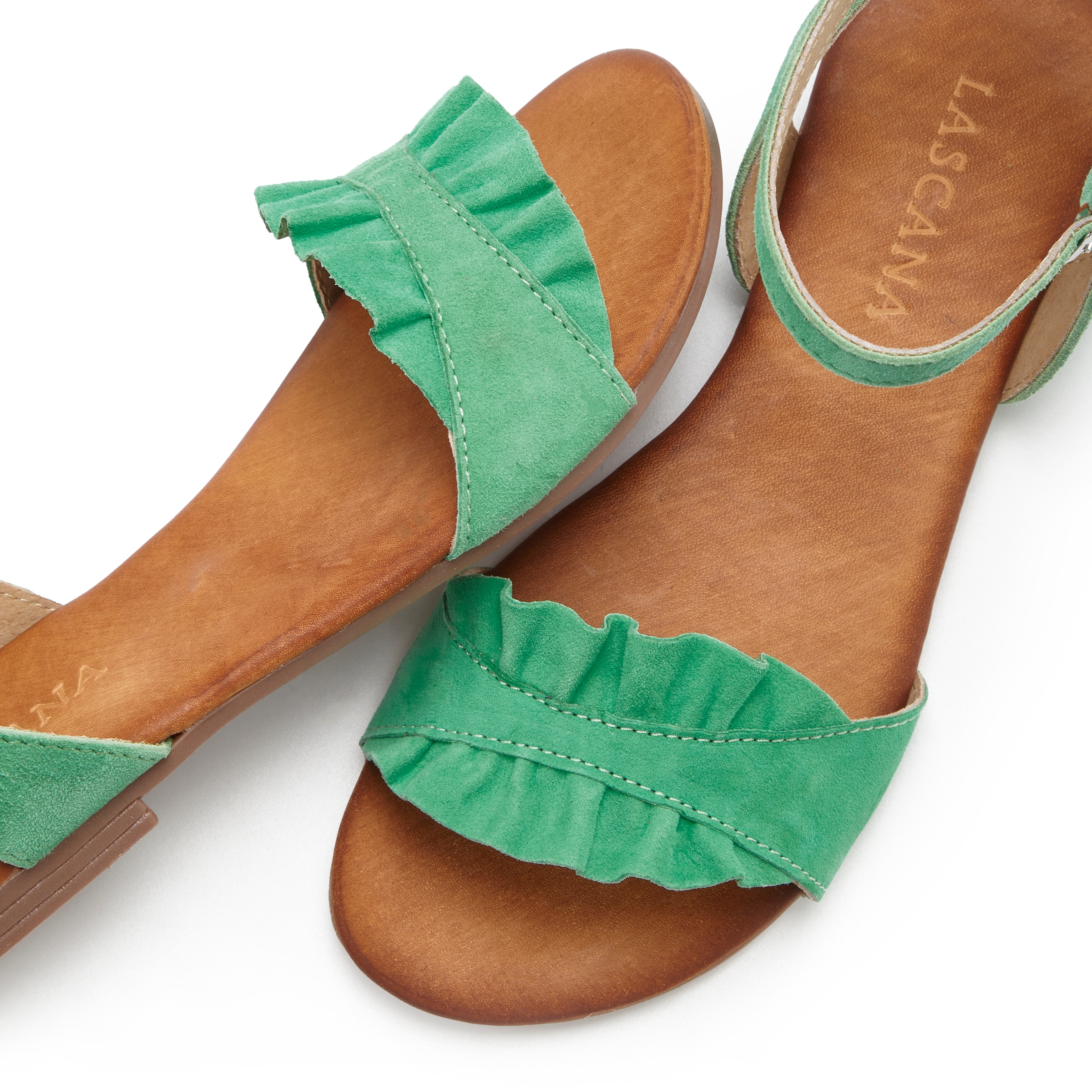 LASCANA Sandale »Sommerschuh«, Sandalette, Sommerschuh aus hochwertigem Leder mit kleinen Rüschen