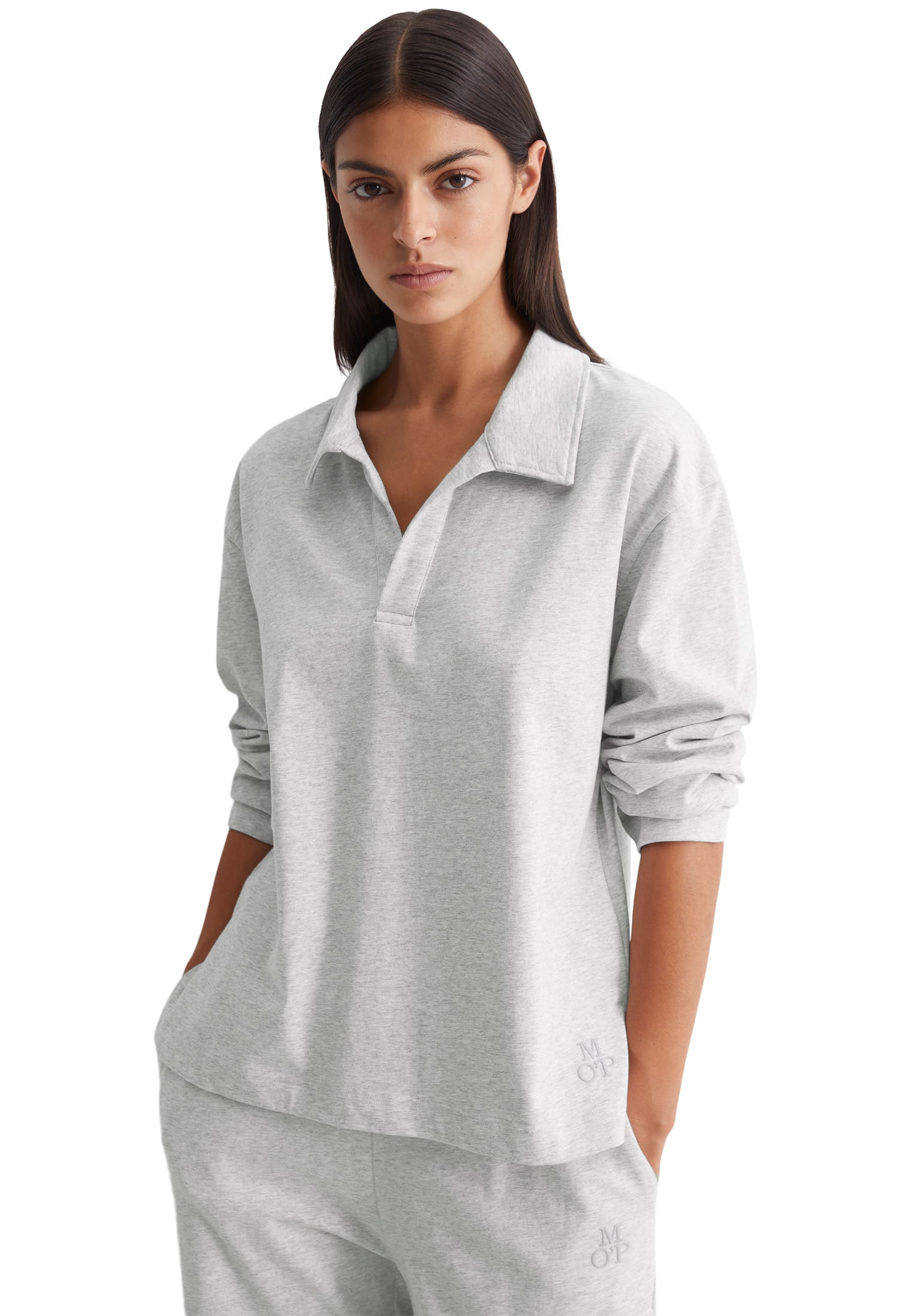 Marc OPolo Langarm-Poloshirt "Heavy Jersey-Woven", V-Ausschnitt, Langarm günstig online kaufen