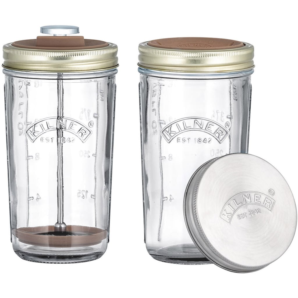 KILNER Protein Shaker, (Set, 4 tlg.), für Nussmilch, mit Spritzschutz, Kolben und 2 Gläsern á 0,5 L