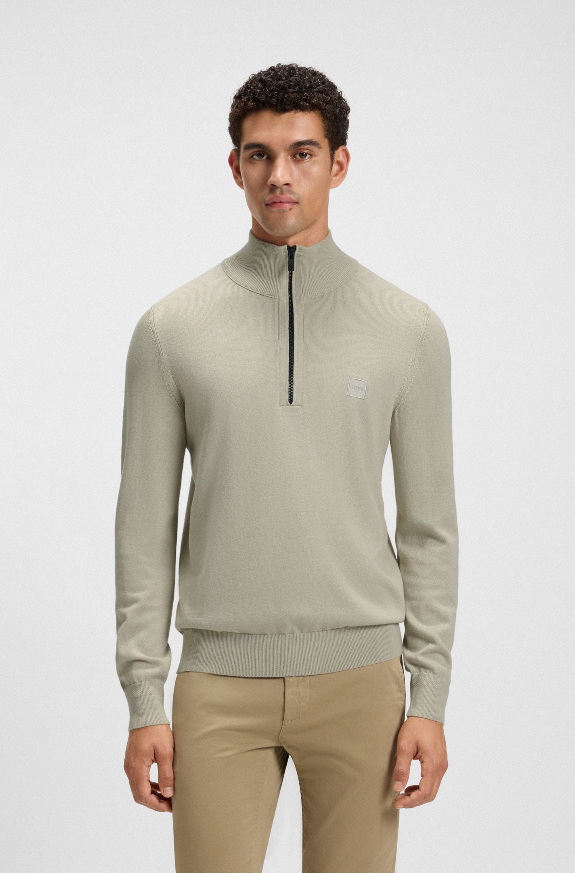 BOSS ORANGE Rollkragenpullover "Kanobix Half Zip Cotton Cashmere" Regular fit, Stehkragen mit Reißverschluss, Ton-in-Ton Logo