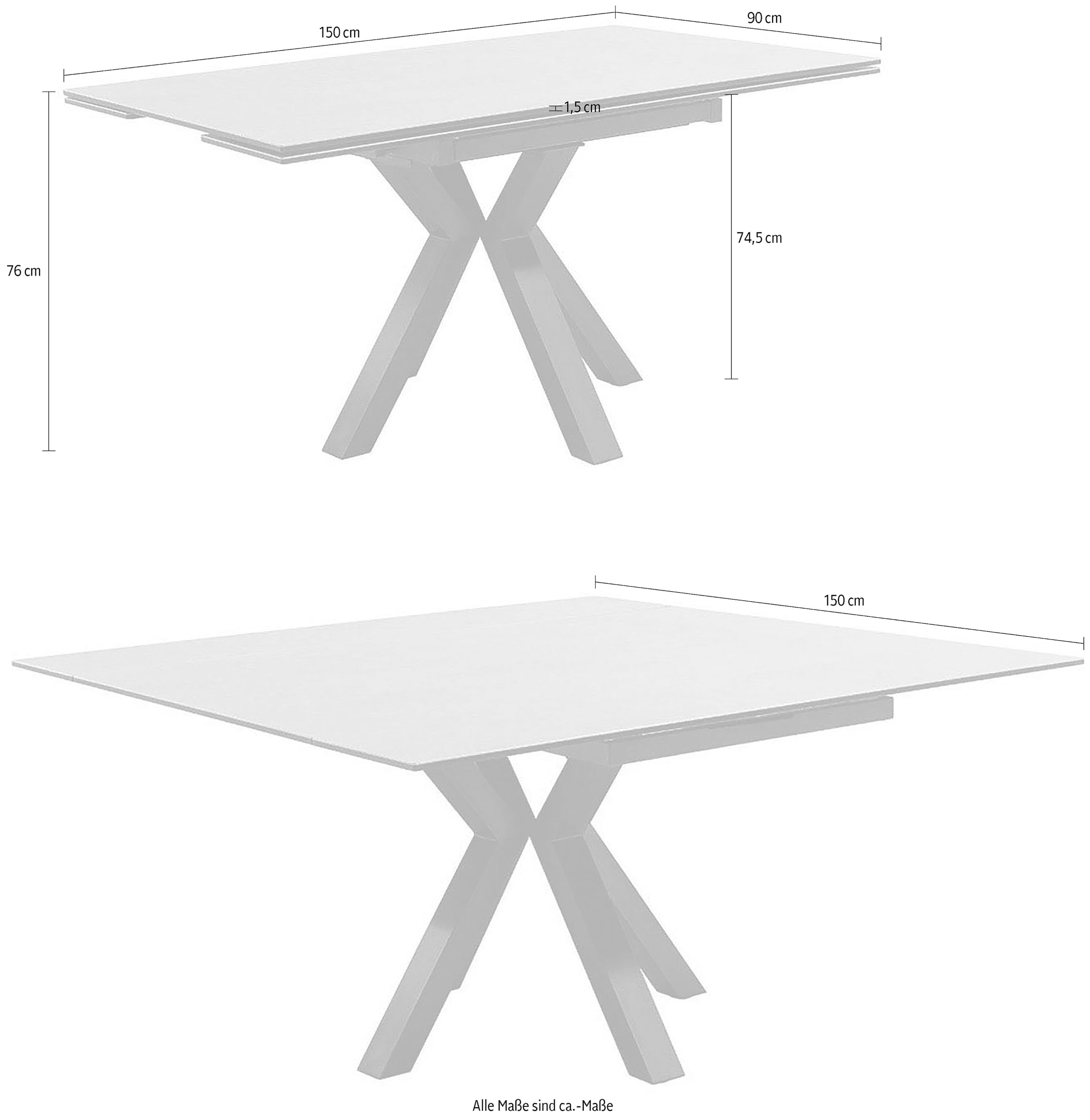 MCA furniture Esstisch »PALLINI Auszugstisch 90-150 cm«, (Einzelstück), Keramik,Metall,Längsseitenauszug,ausziehbar,Tischplatte 13 mm