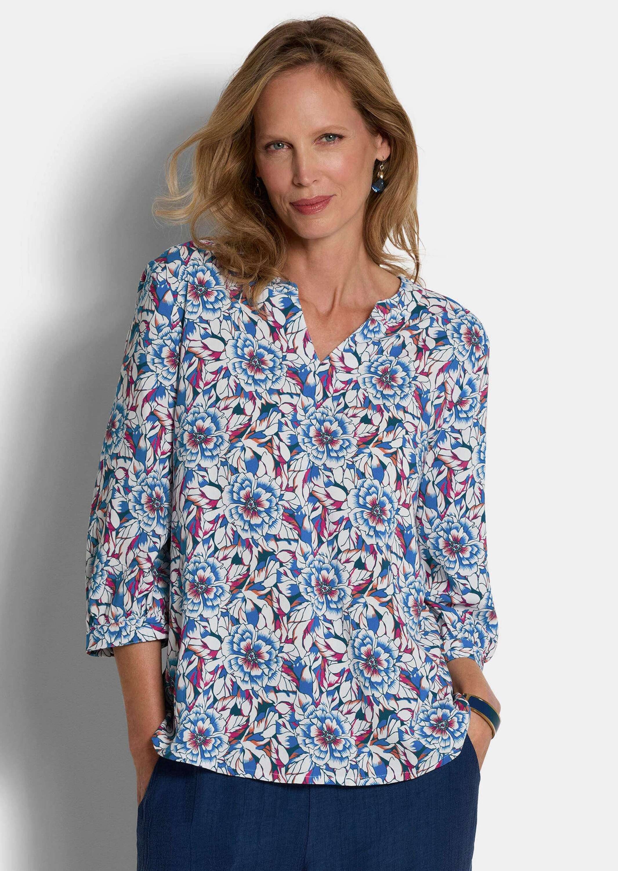Schlupfbluse GOLDNER "Viskosebluse mit floralem Muster", Damen, Gr. 38, blau, gemustert, Obermaterial: 100% Viskose CV., figurumspielend, Blusen Schlupfbluse, figurschmeichelnder Schnitt 2