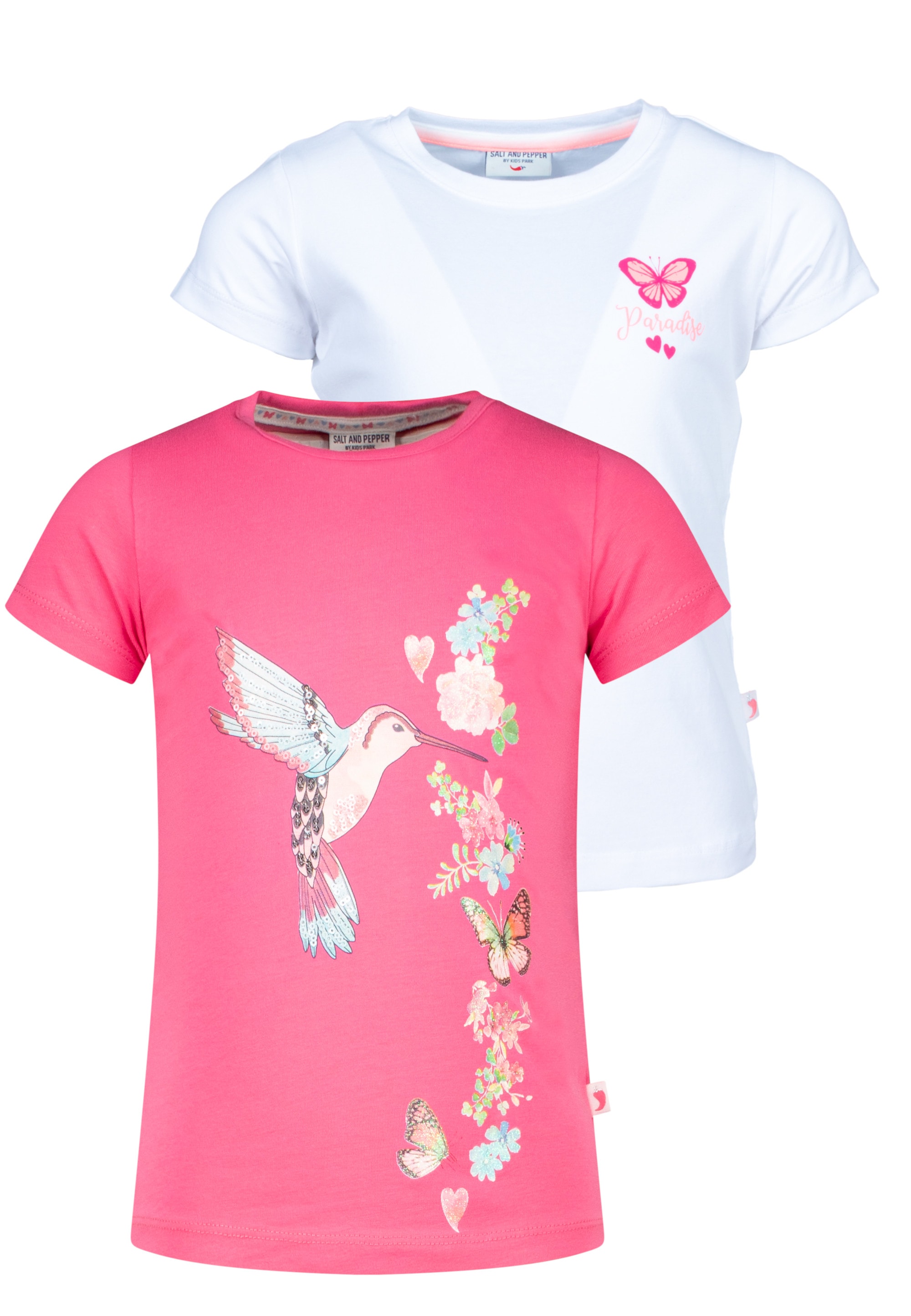 SALT AND PEPPER T-Shirt »Fancy«, 2er-Pack mit Kolibri- und Blumenrankenmotiv