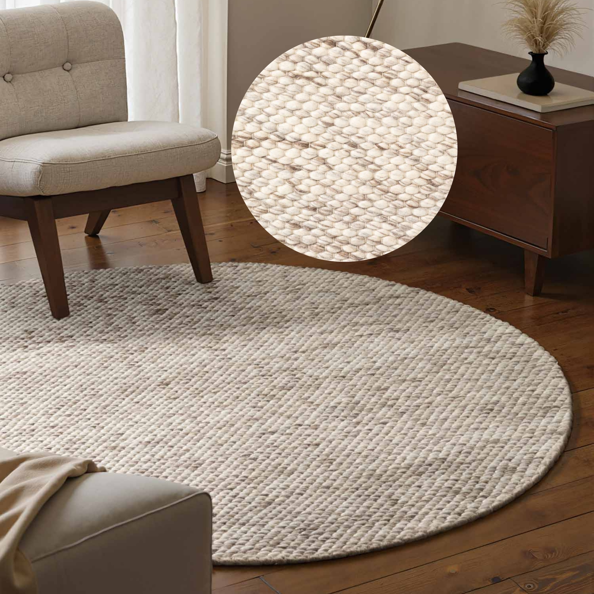 ELLE DECORATION "Beans" rund 10 mm Höhe Handweb Teppich Wolle, Rund, Perlenstruktur, Wohnzimmer, Schlafzimmer