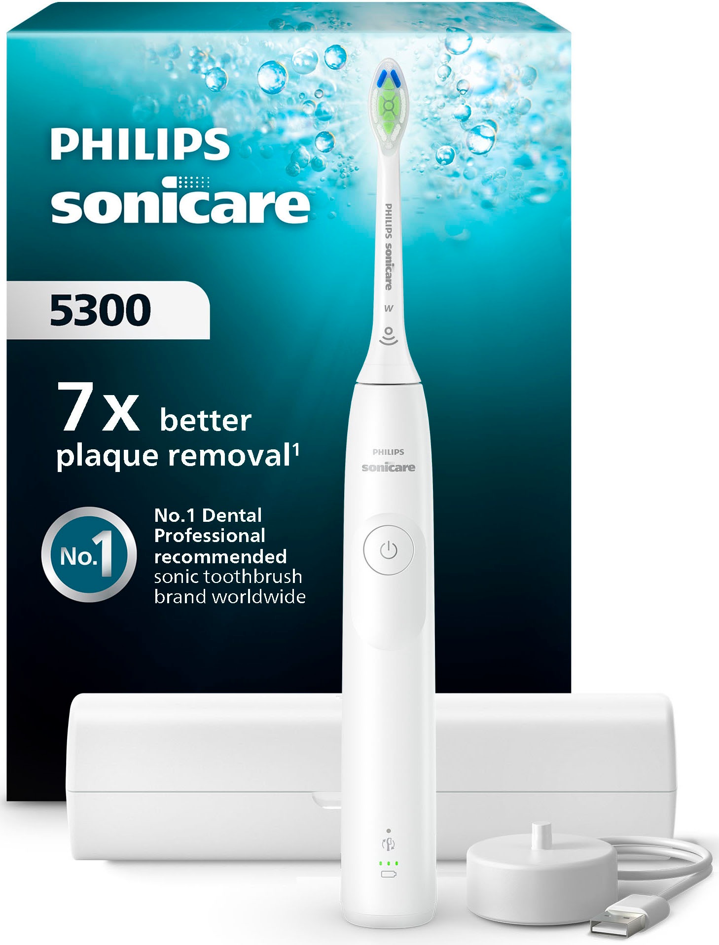 Elektrische Zahnbürste "Series 5300", weiß, PHILIPS SONICARE, B:17,1cm H:23,2cm T:6cm, Elektrozahnbürsten, mit Andruckkontrolle, 2 Intensitätsstufen,
