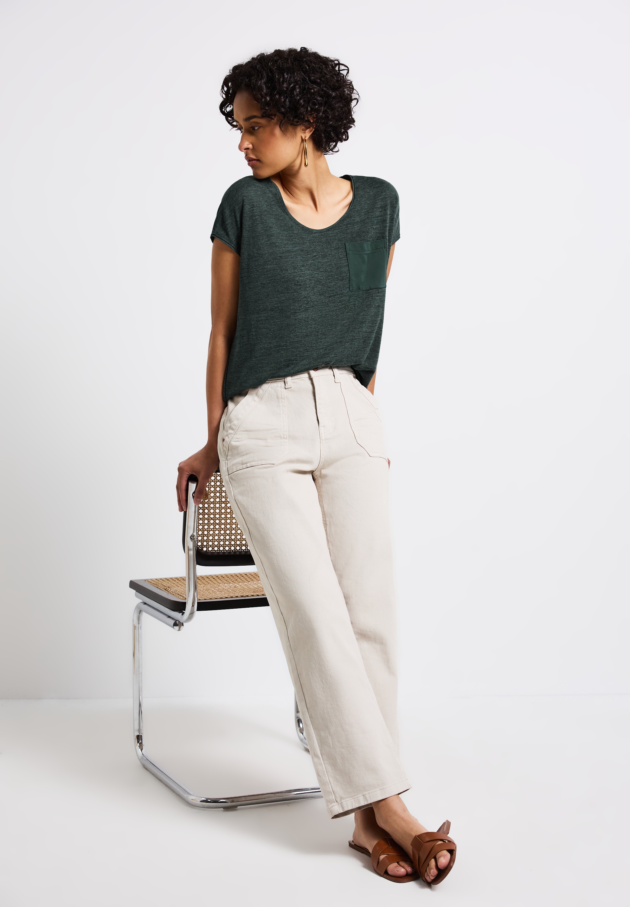 STREET ONE T-Shirt, im Leinen-Look und mit Brusttasche+ö
