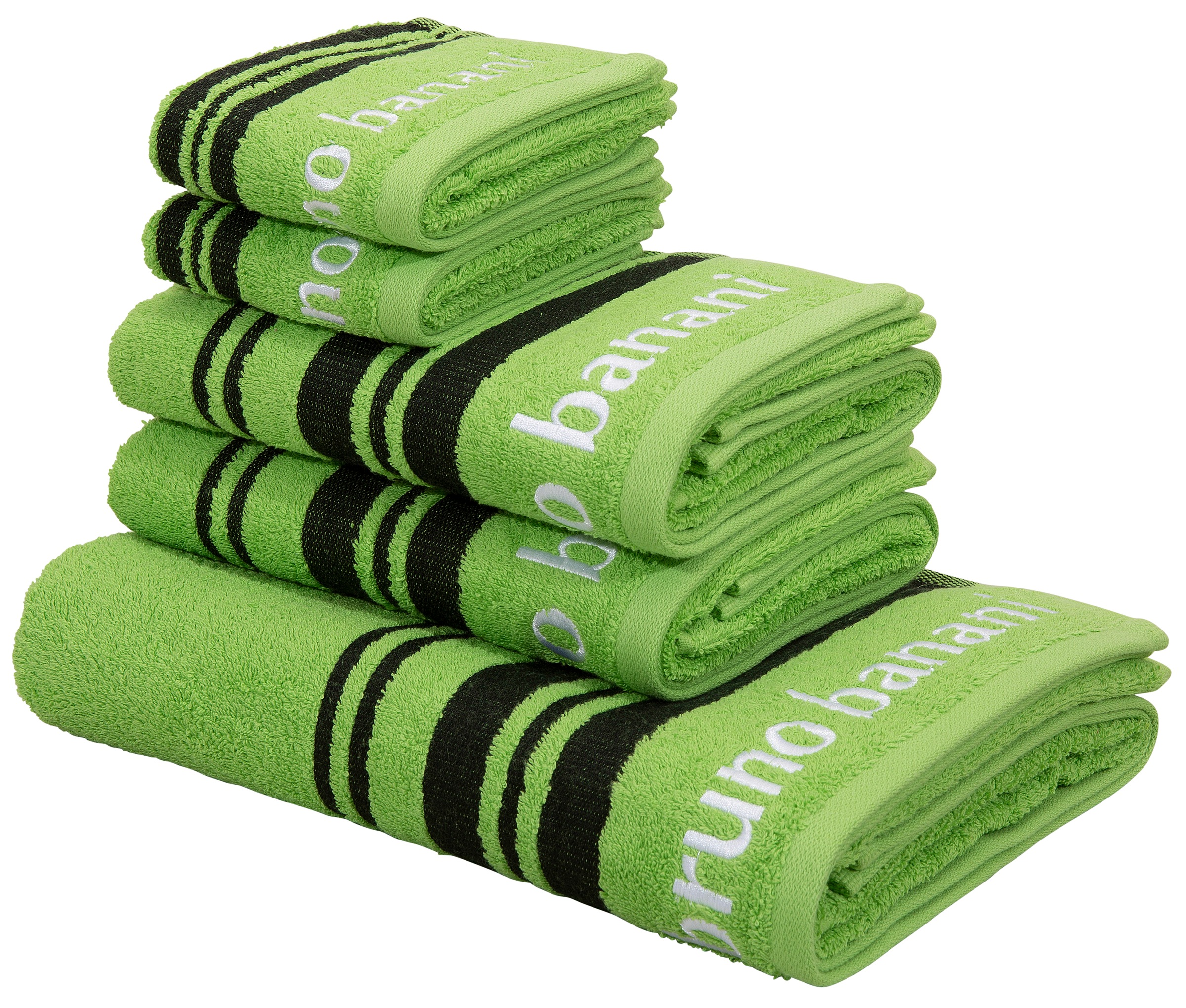 Bruno Banani Handtuch Set "Daniel, 1 Duschtuch 70x140, 2 Handtücher 50x100, 2 Gästetücher 30x50" Set 5 Walkfrottee Streifen-Bordüre & Markenlogo, weich, 100% Baumwolle