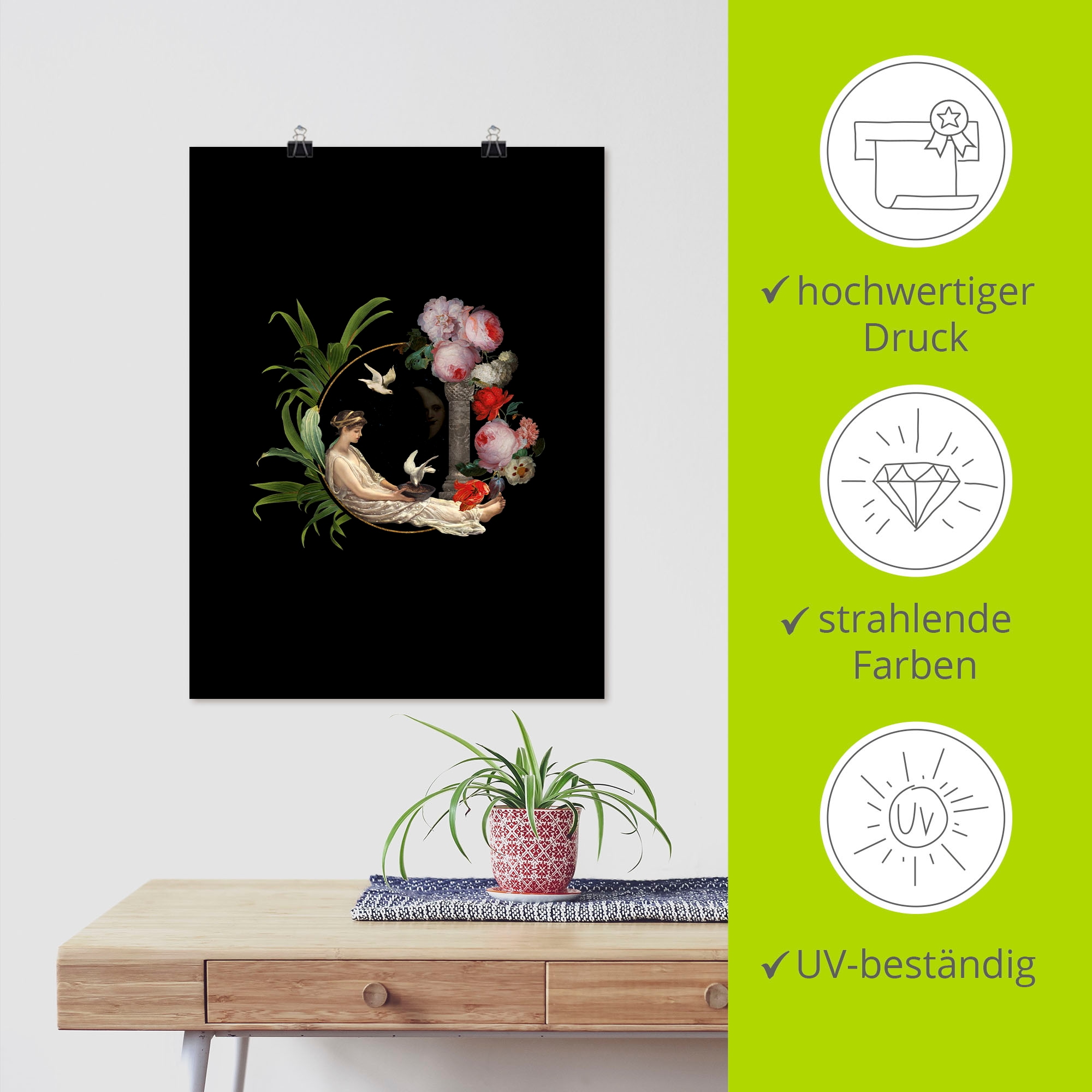 Artland Poster »Vintage Dame mit Tauben«, Bilder von Frauen, (1 St.), als Alubild, Leinwandbild, Wandaufkleber oder Poster in versch. Größen