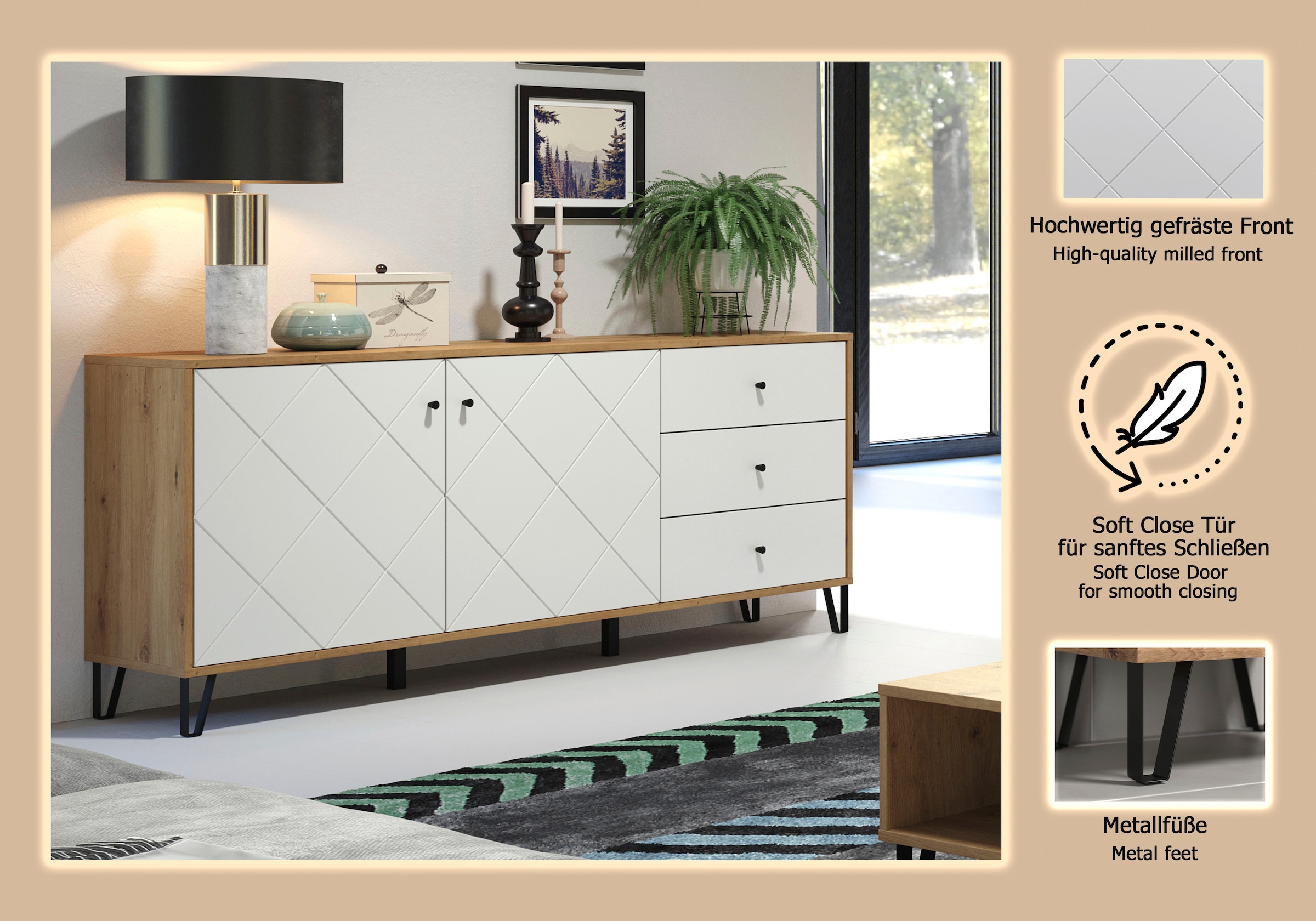 Places of Style Sideboard »Tarragona«, Sideboard, 2 Türen, 3 Schubkasten & Soft-Close - (B/T/H) 183/40/76 cm