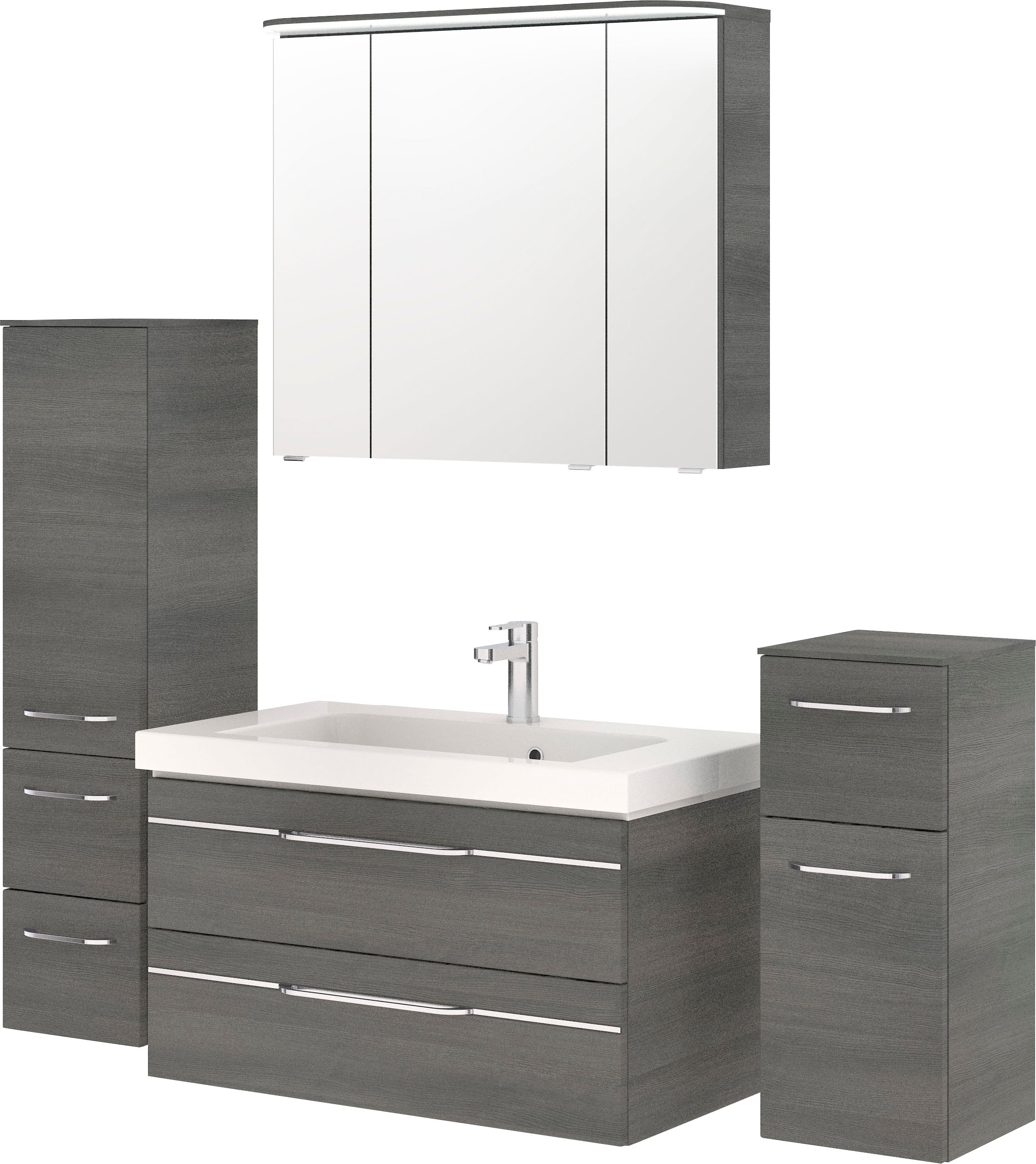 Saphir Badmöbel-Set »Balto Sprint 4-teilig, Mineralmarmor-Waschtisch mit LED-Spiegelschrank«, (5 St.), Midischrank und Unterschrank, inkl Türdämpfer, 5 Türen, 5 Schubladen
