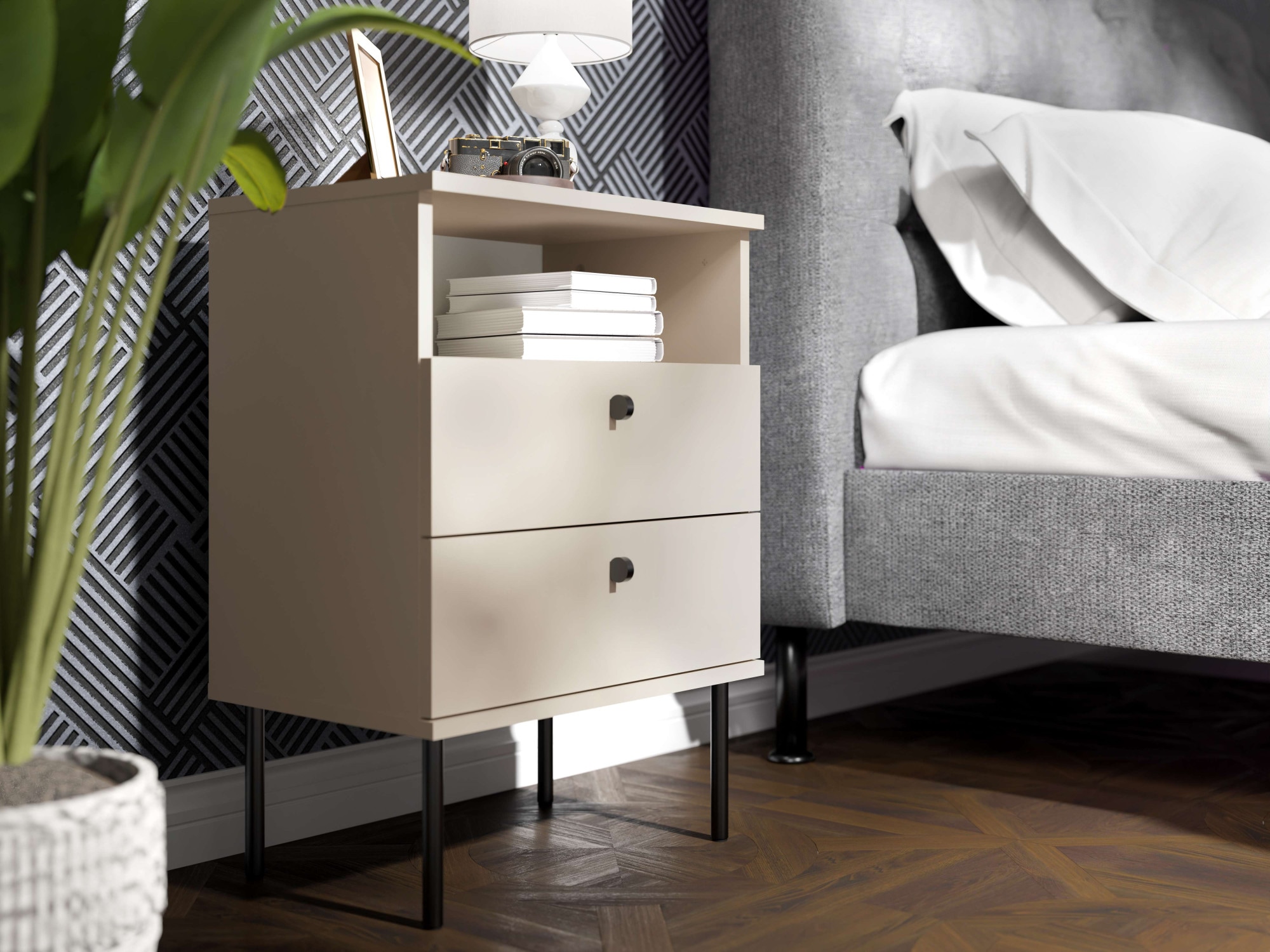 Nachttisch OTTO HOME, B:50cm H:69,5cm T:34cm, beige, Schlafzimmer, Tische, "Elyriia Nachtkommode mit 2 Schubladen und Fach, Premium-Qualität", mit