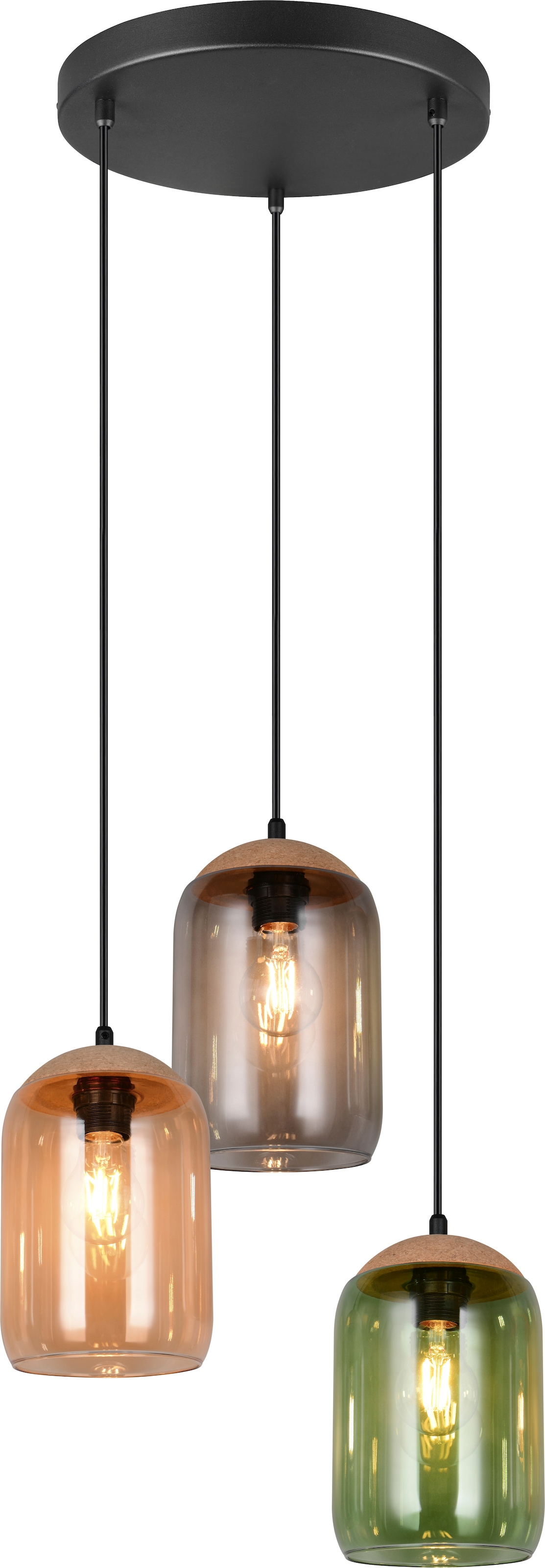 TRIO Leuchten Pendelleuchte »CORK, mehrflammige Hängelampe mit bunten Glasschirmen exkl E27 max 10W« E27 1 Stk. warmweiß - kaltweiß aus min. 50% Recycling-Material (Glas), Höhe bis 150 cm