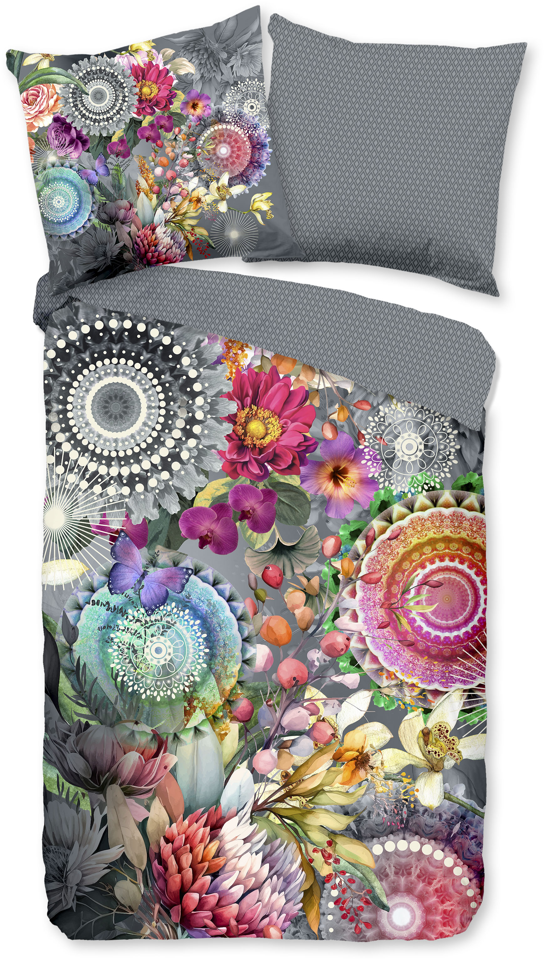 hip Wendebettwäsche "Olinga" 2 Stk. Satin, Reißverschluss, Wendeoptik, Mandala, Blume, Grau, Bunt