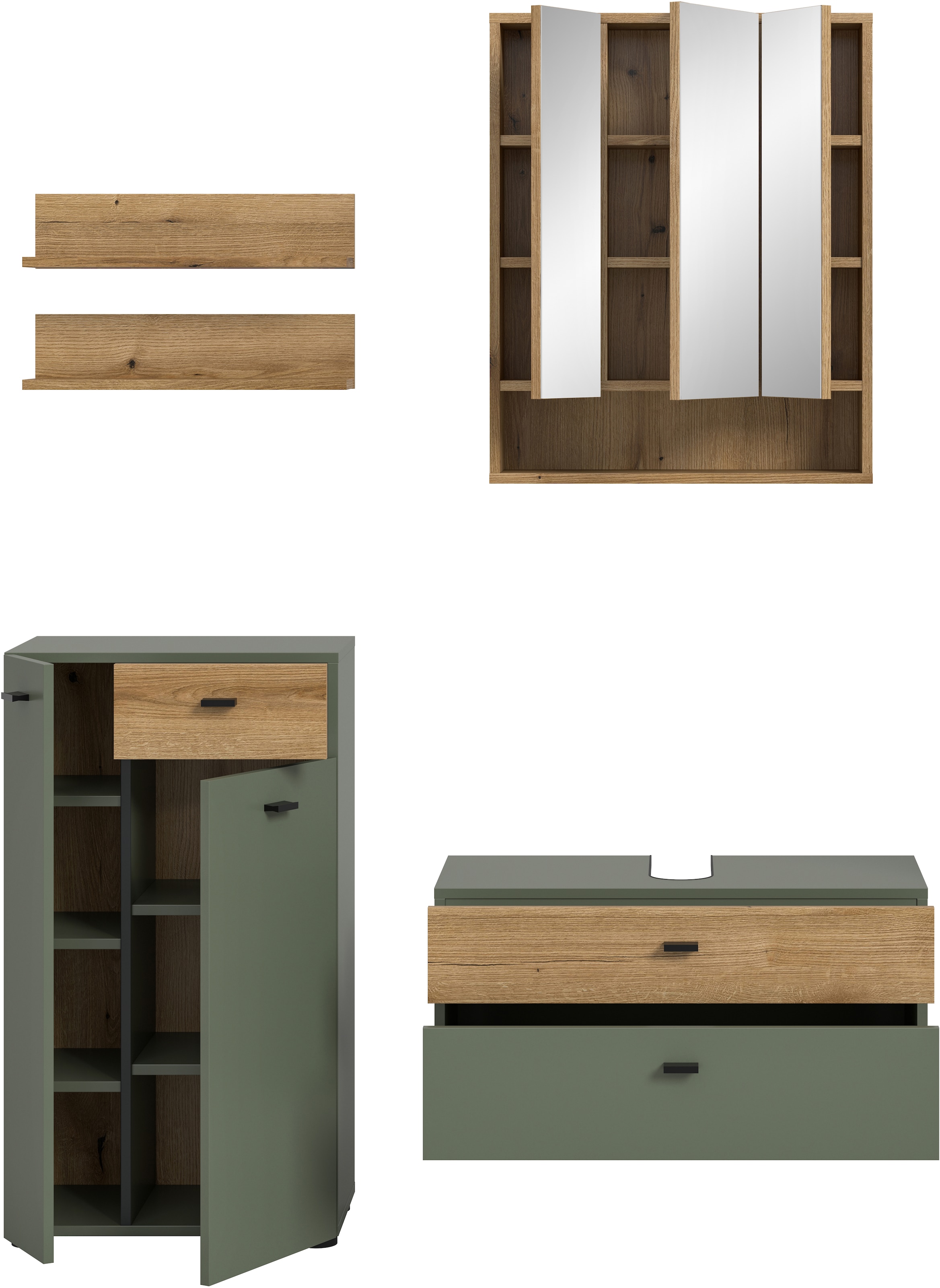 welltime Badmöbel-Set »VANN, 5-teilige moderne Badkombination, individuell stellbar« Midischrank, 2er Set Wandregal, Waschbeckenunterschrank,Spiegelschrank, 5 Stk. tlg.