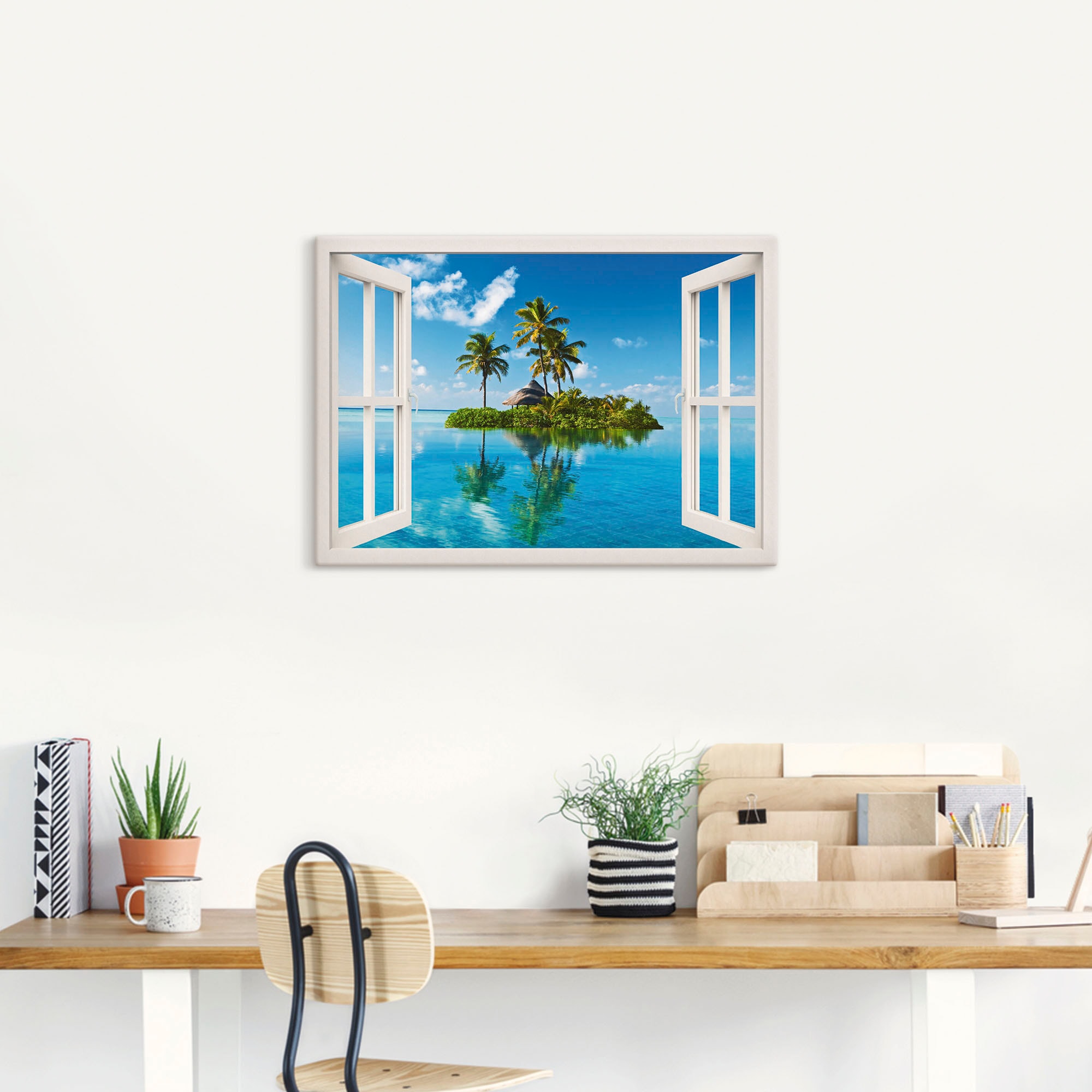 Artland Wandbild »Fensterblick Insel Palmen Meer«, Fensterblick, (1 St.), als Leinwandbild, Poster, Wandaufkleber in verschied. Größen