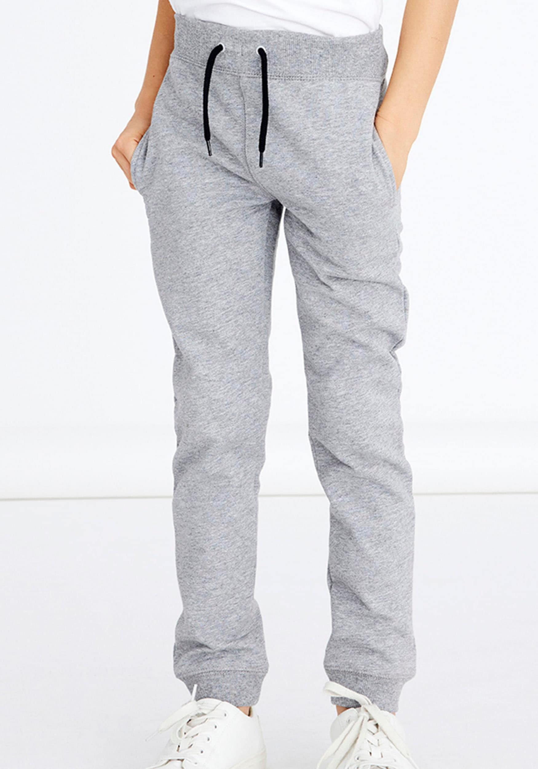 Sweathose NAME IT "NKMSWEAT – Jogger mit verstellbarem Bund und Rippbündchen", Jungen, Gr. 176, N-Gr, grau (grau melange), angeraute Sweatware, Obermaterial: 80% Baumwolle, 20% Polyester, meliert, unifarben, regular fit knöchellang, Hosen Sweathose, unifa
