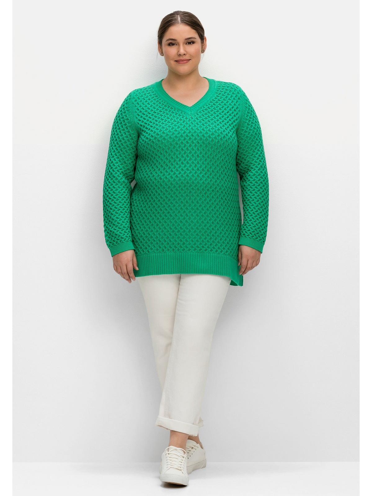 Baumwolle BAUR aus Sheego in kaufen online Wabenstruktur, Größen«, | reiner »Große V-Ausschnitt-Pullover